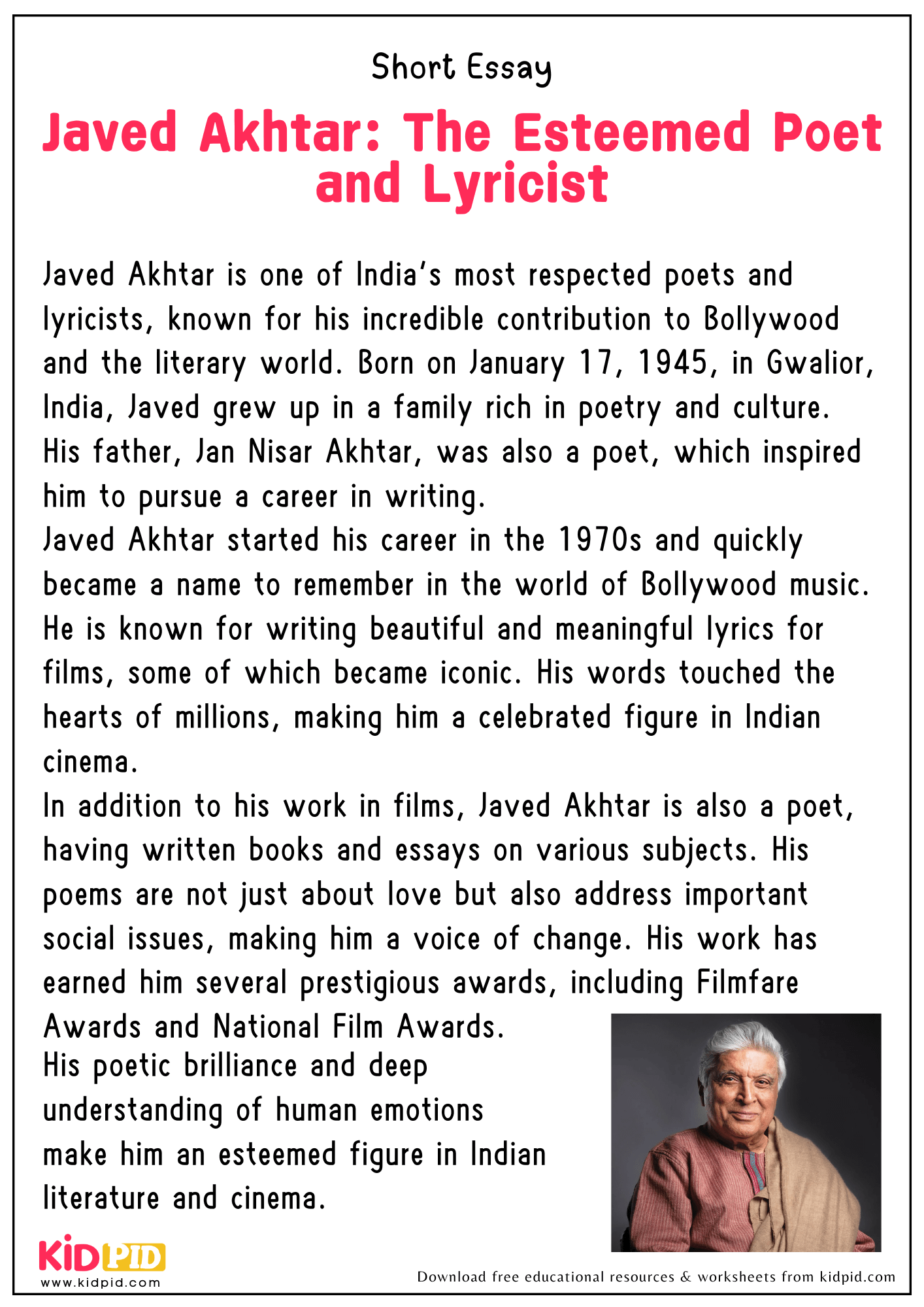 Short Essay on Javed Akhtar: The Esteemed Poet and Lyricist