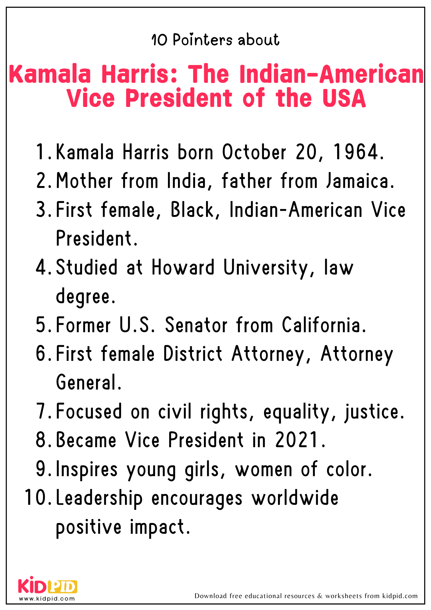 10 Points On The Topic "Kamala Harris: The Indian-American Vice President of the USA"