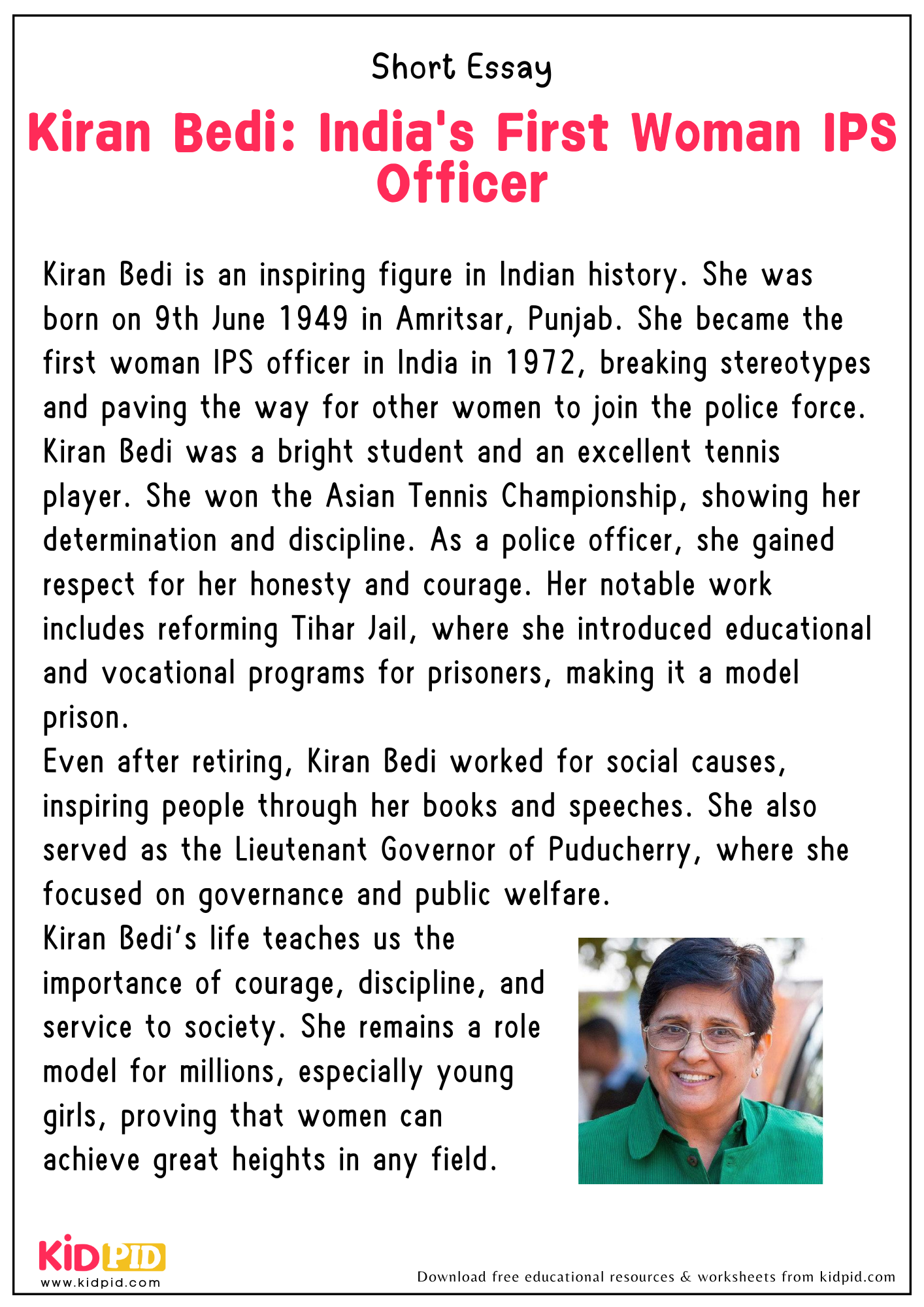 Short Essay on “Kiran Bedi: India's First Woman IPS Officer”