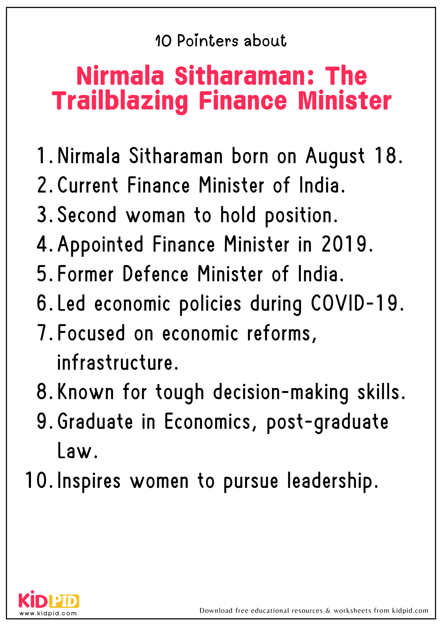 10 Points On The Topic "Nirmala Sitharaman: The Trailblazing Finance Minister"