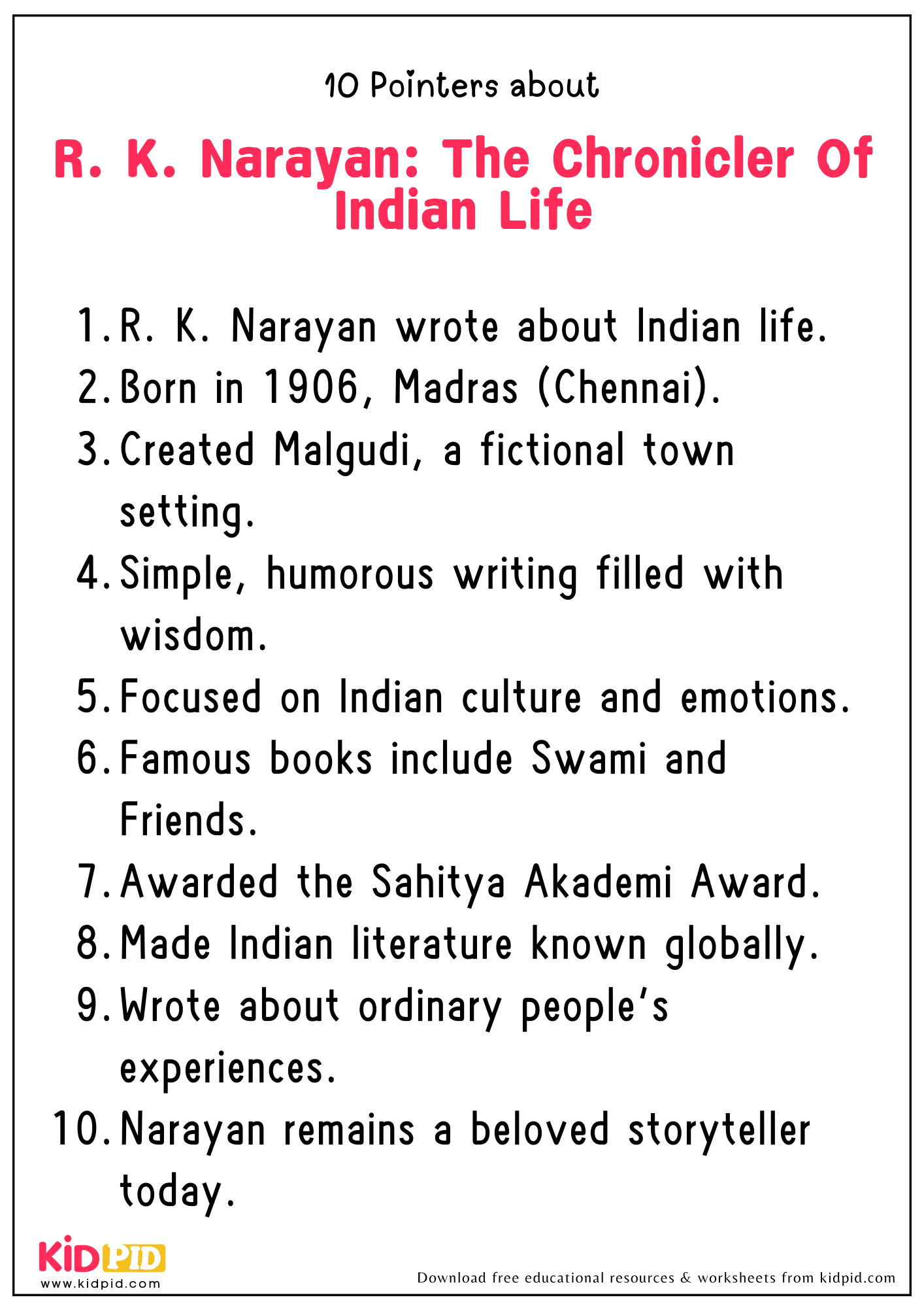 10 Points on The Topic "R. K. Narayan: The Chronicler Of Indian Life"