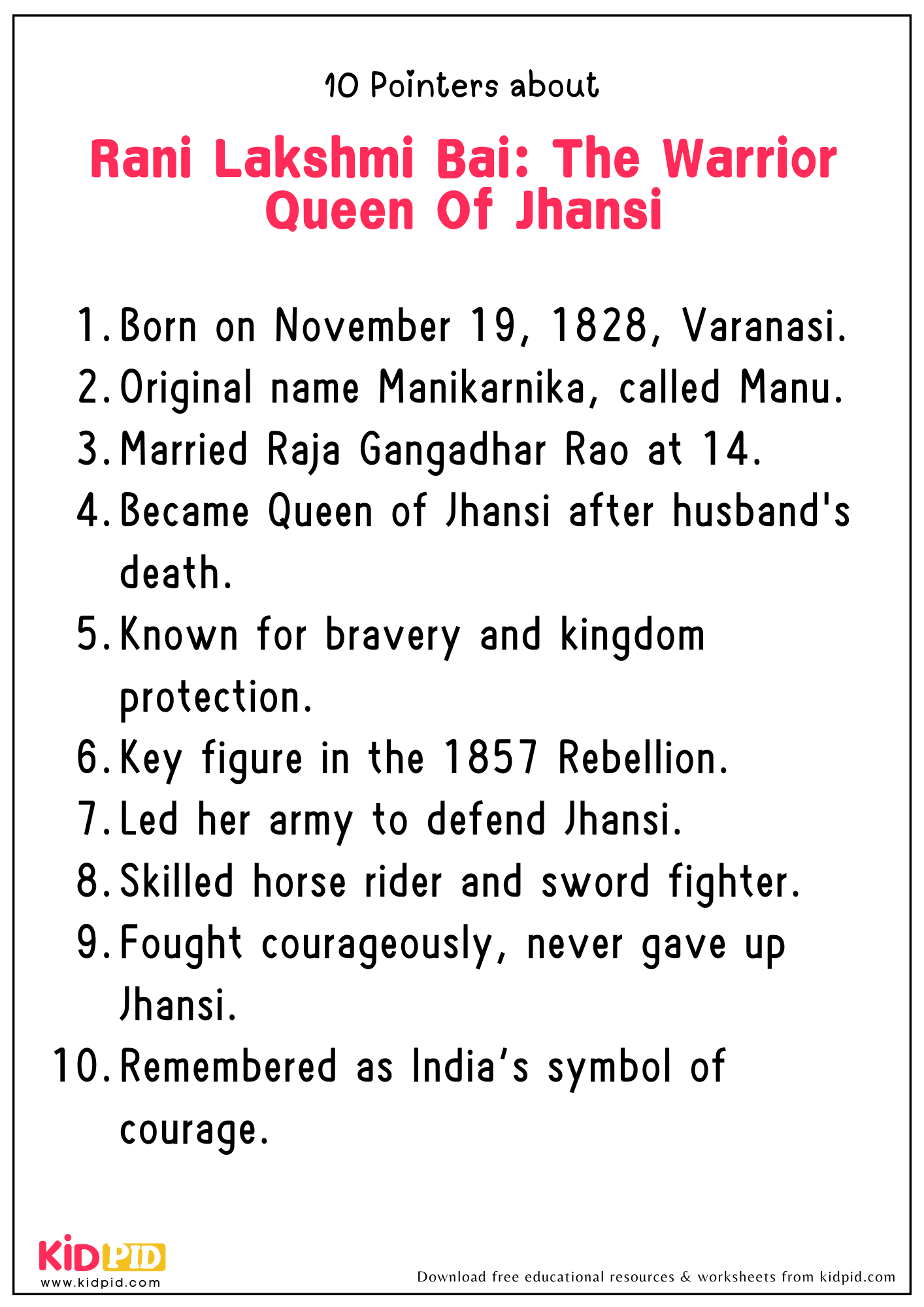 10 Points on The Topic "Rani Lakshmi Bai: The Warrior Queen Of Jhansi"
