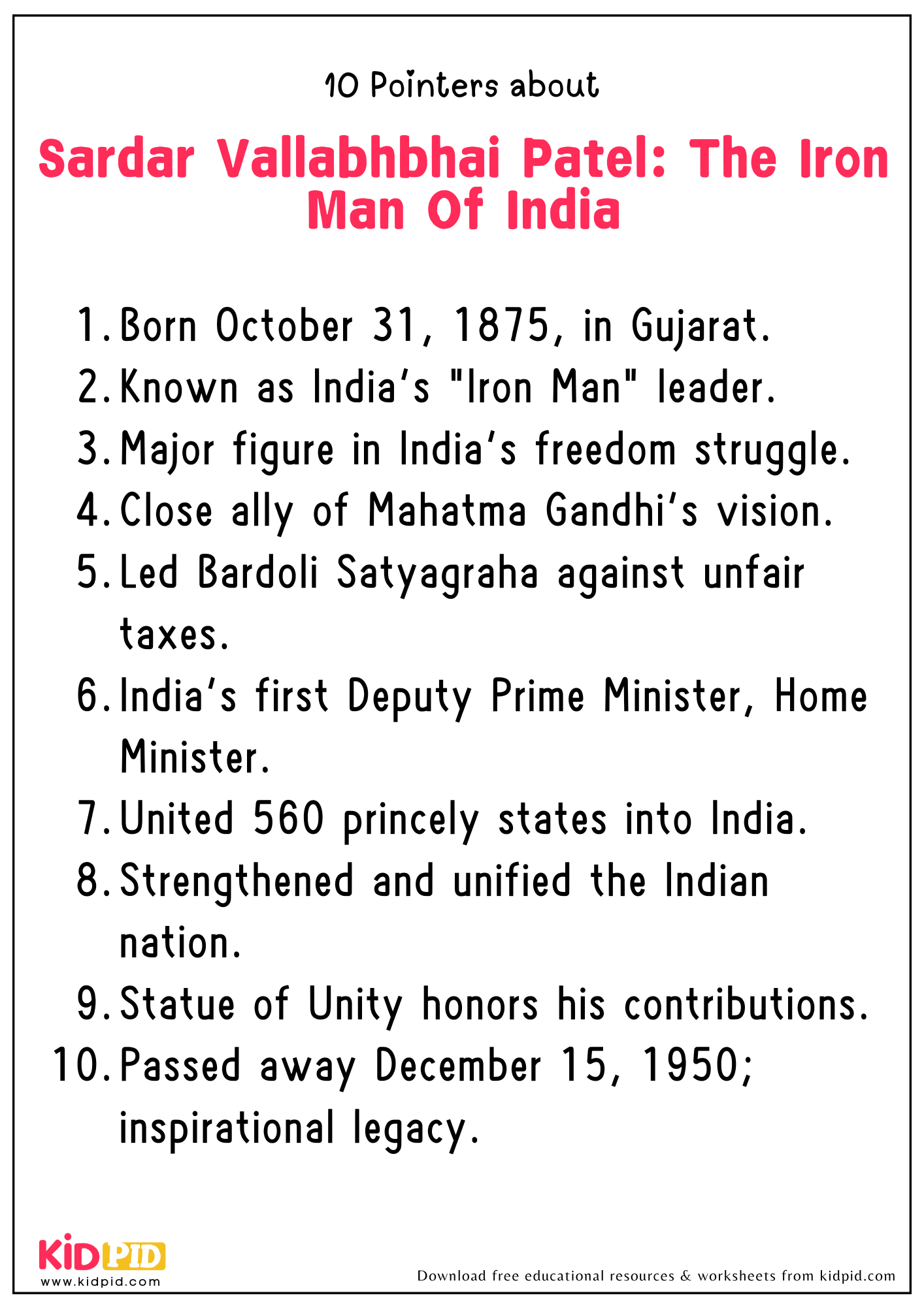 10 Points on The Topic "Sardar Vallabhbhai Patel: The Iron Man Of India"