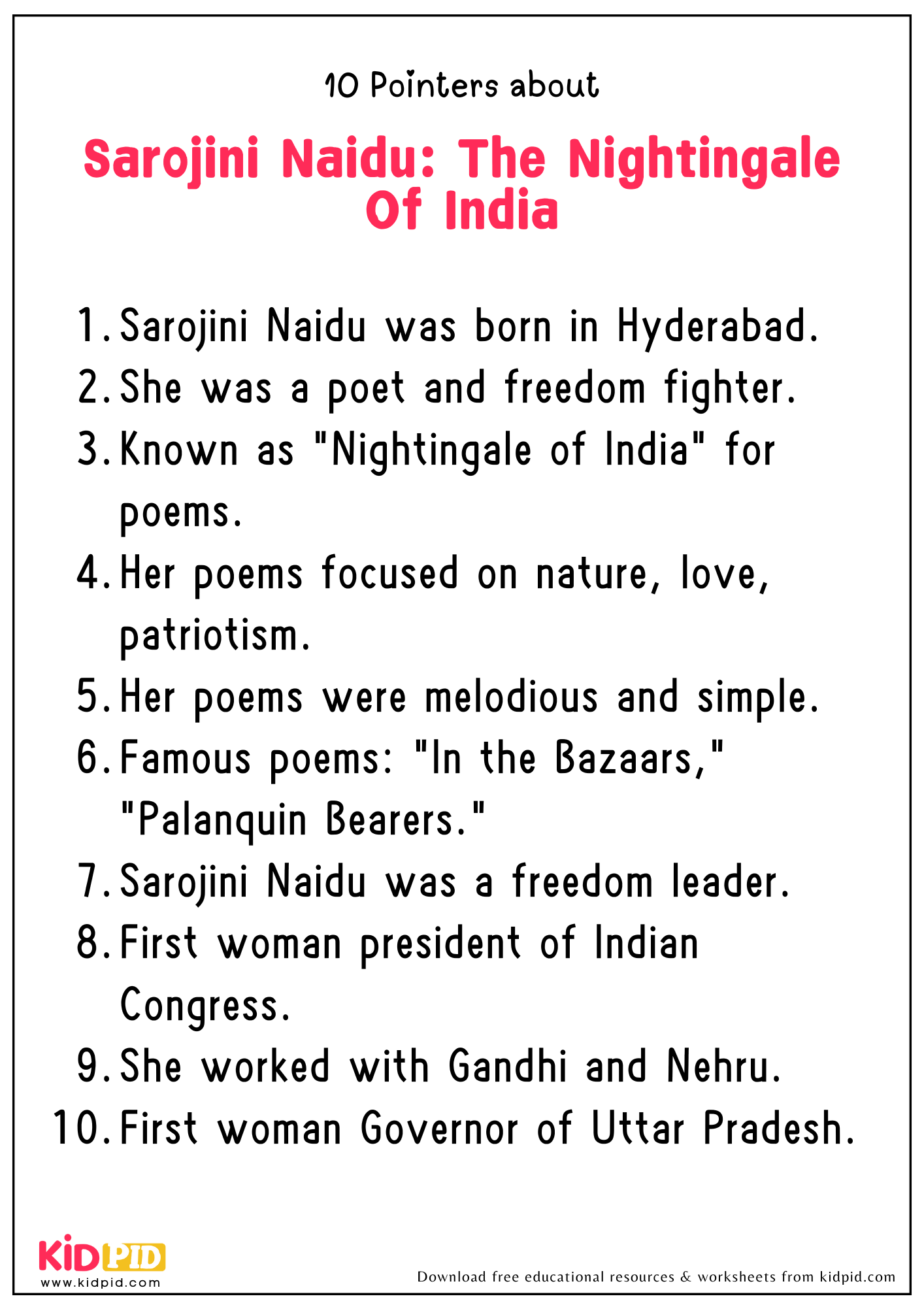 10 Points on The Topic "Sarojini Naidu: The Nightingale Of India"