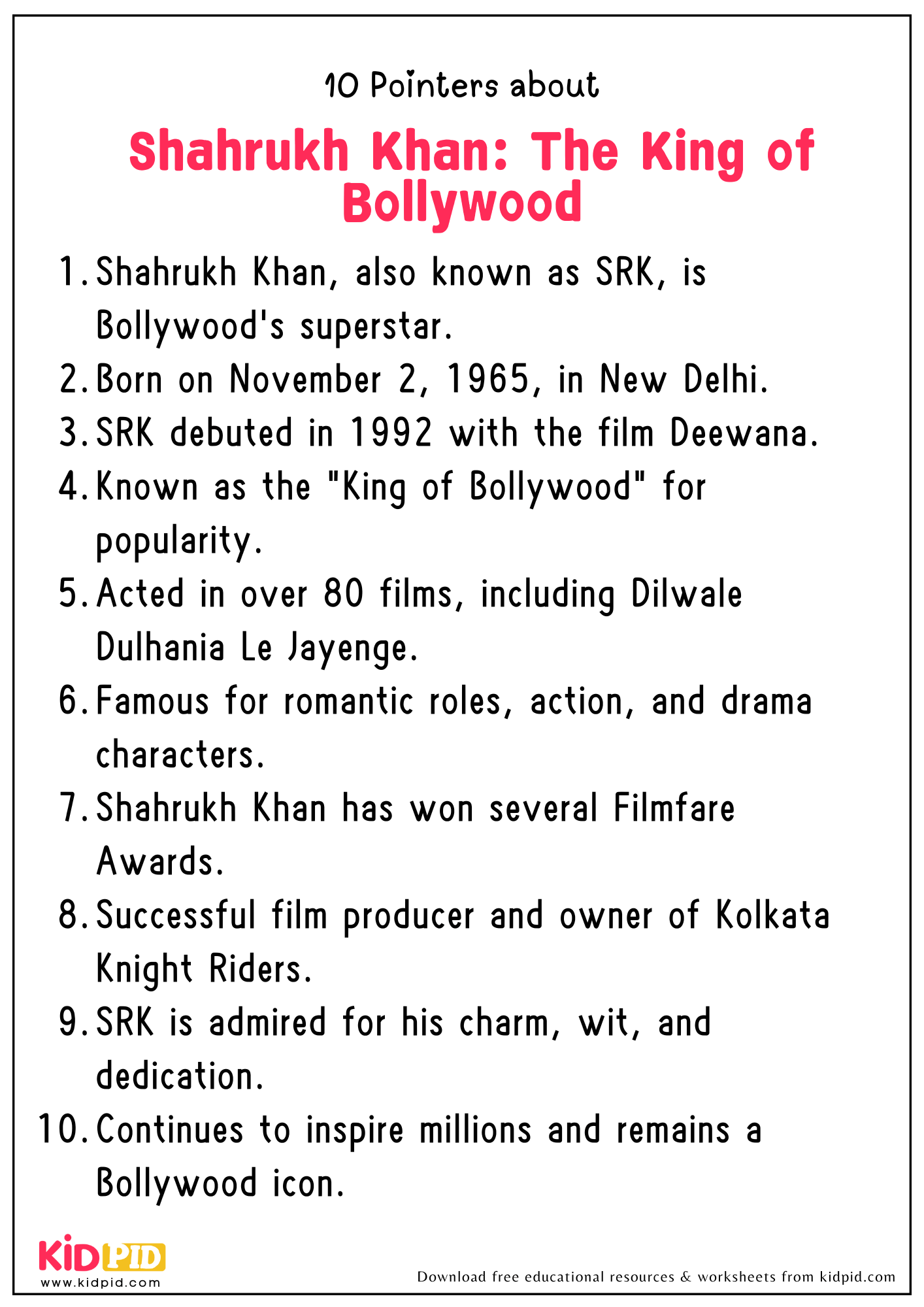 10 Points about Shahrukh Khan: The King of Bollywood
