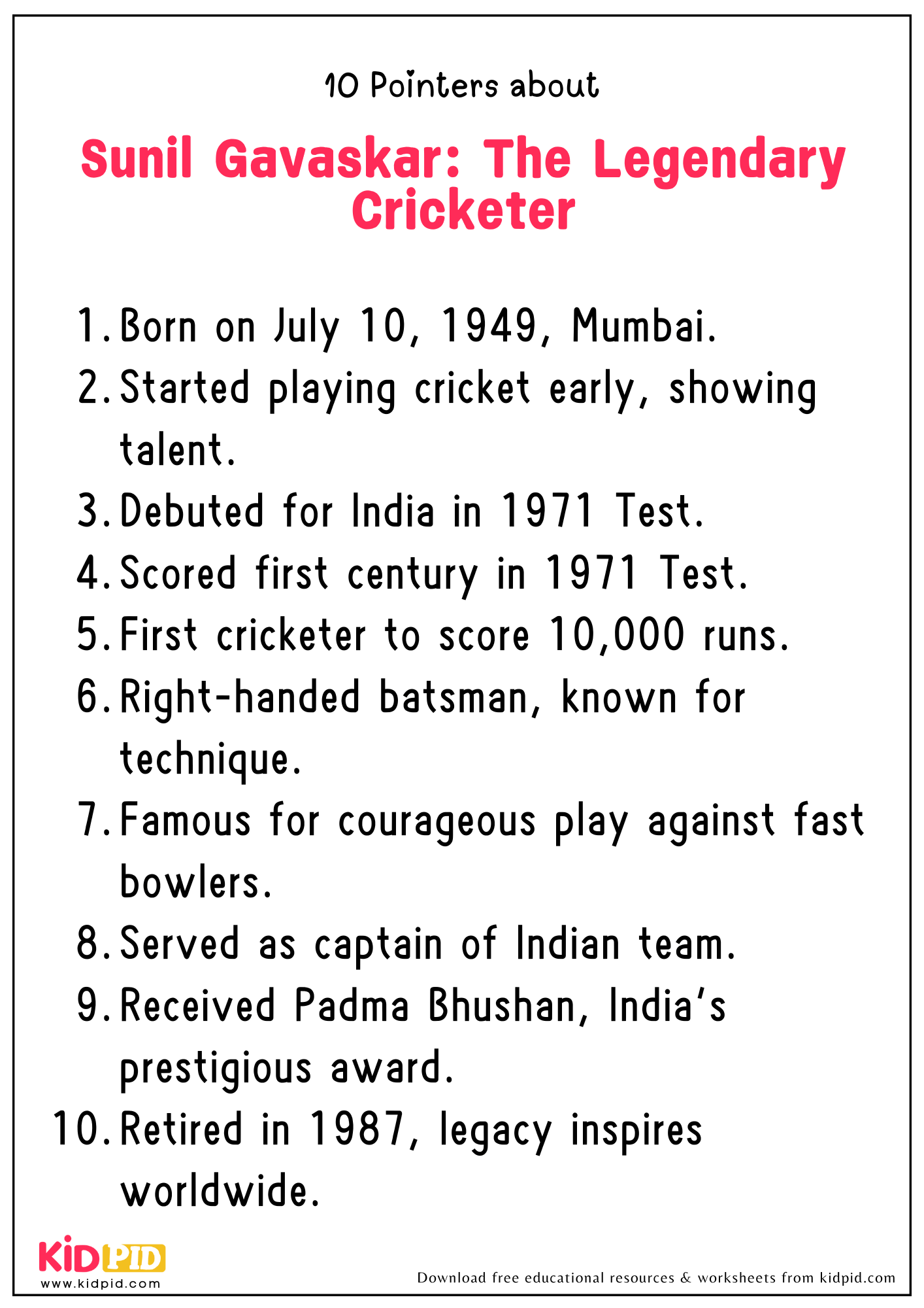 10 Pointers about Sunil Gavaskar: The Legendary Cricketer
