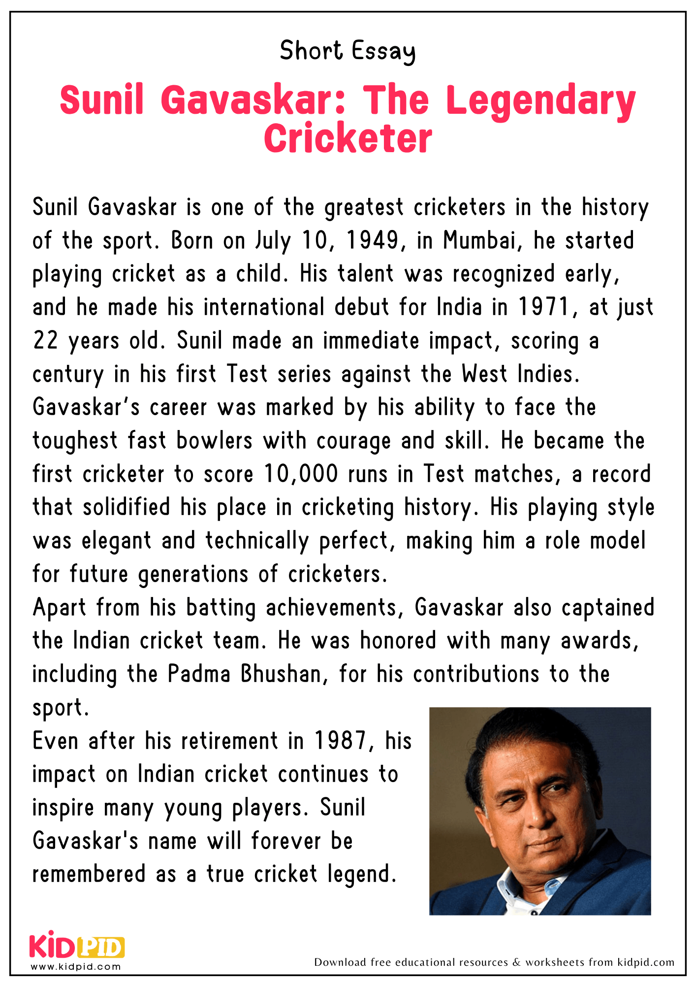 Short Essay Sunil Gavaskar : The Legendary Cricketer