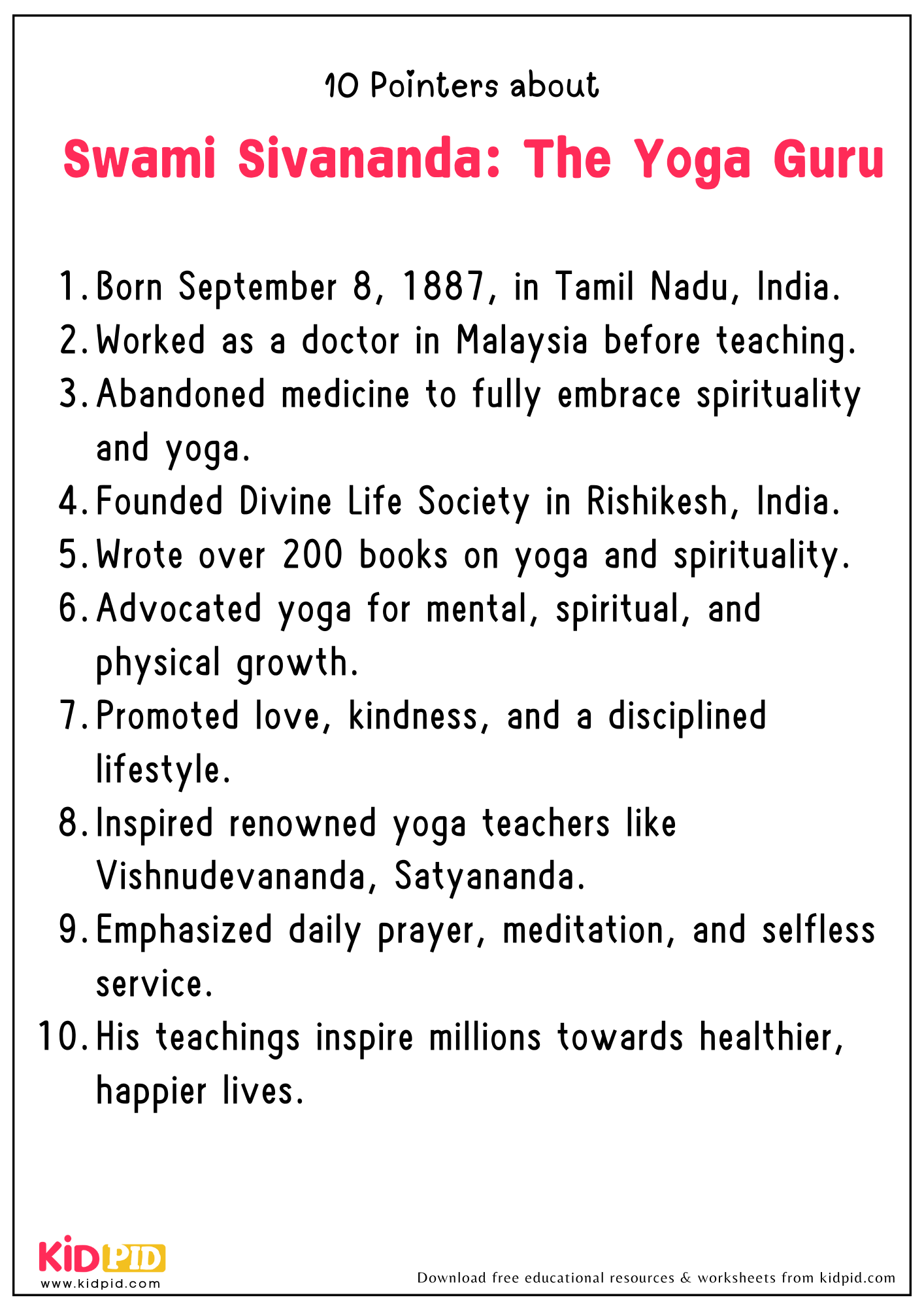 10 Points On The Topic "Swami Sivananda: The Yoga Guru"