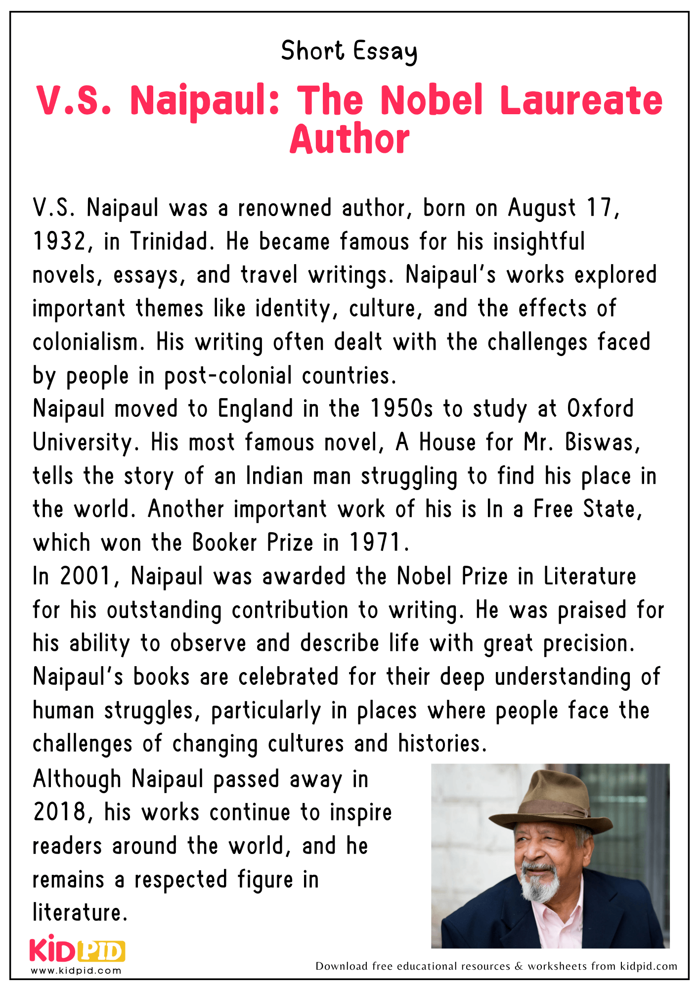 Short Essay on “ V.S. Naipaul: The Nobel Laureate Author”