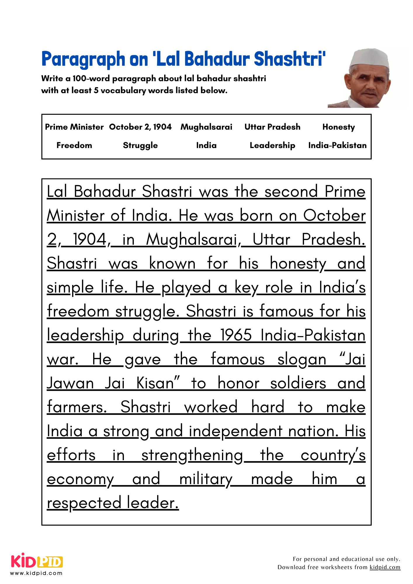 Paragraph on 'Lal Bahadur Shashtri' - 100 Words