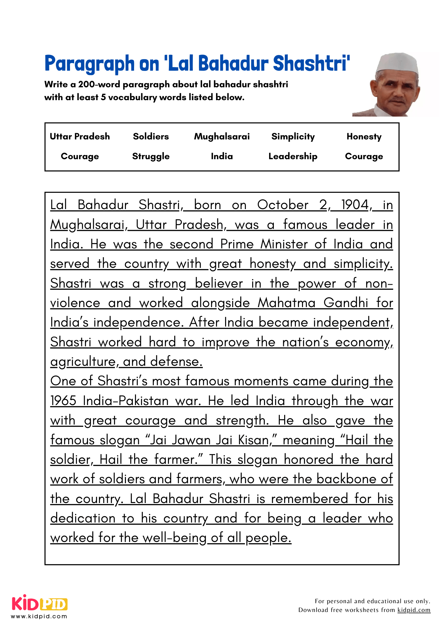 Paragraph on 'Lal Bahadur Shashtri' - 200 Words