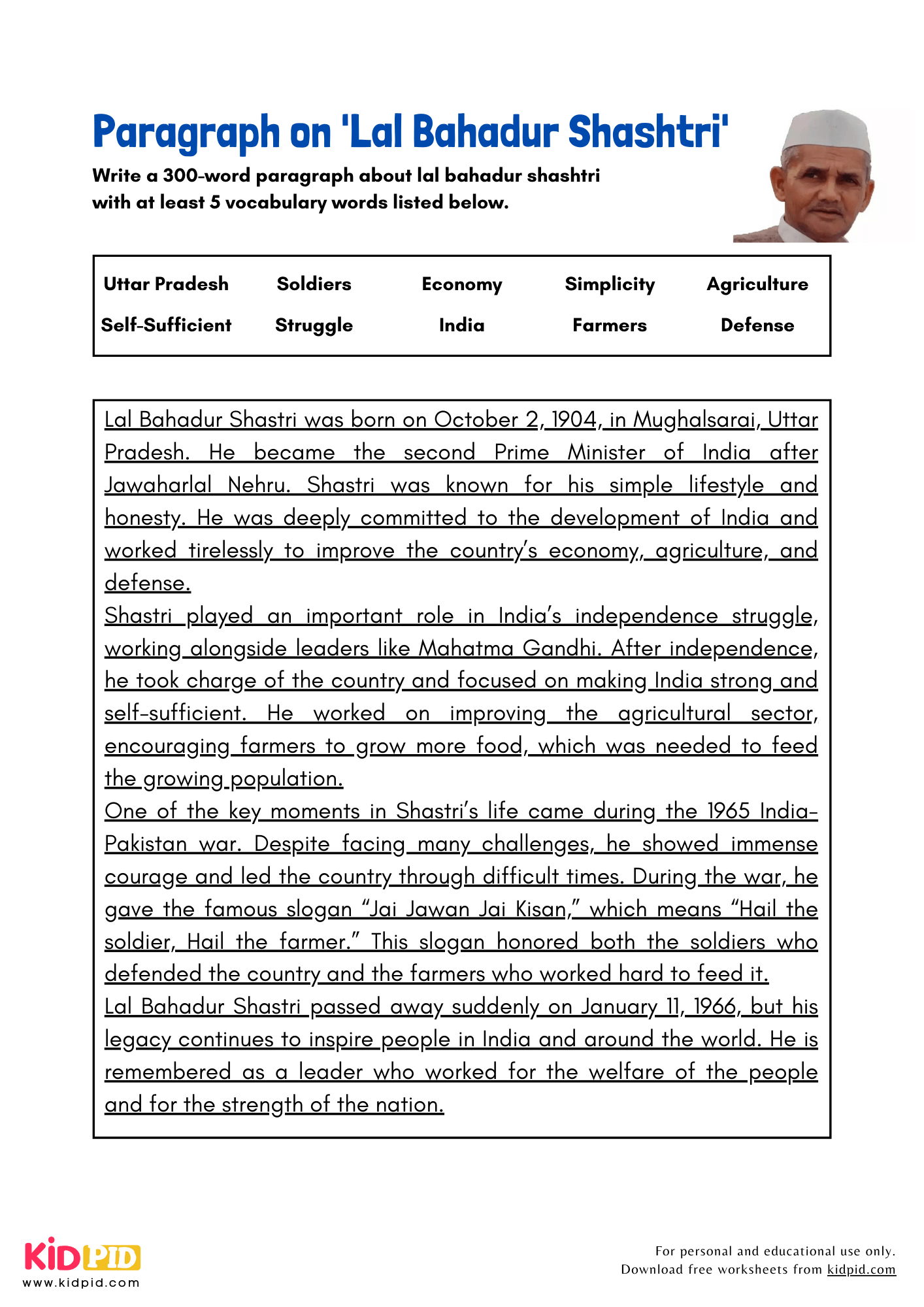 Paragraph on 'Lal Bahadur Shashtri' - 300 Words