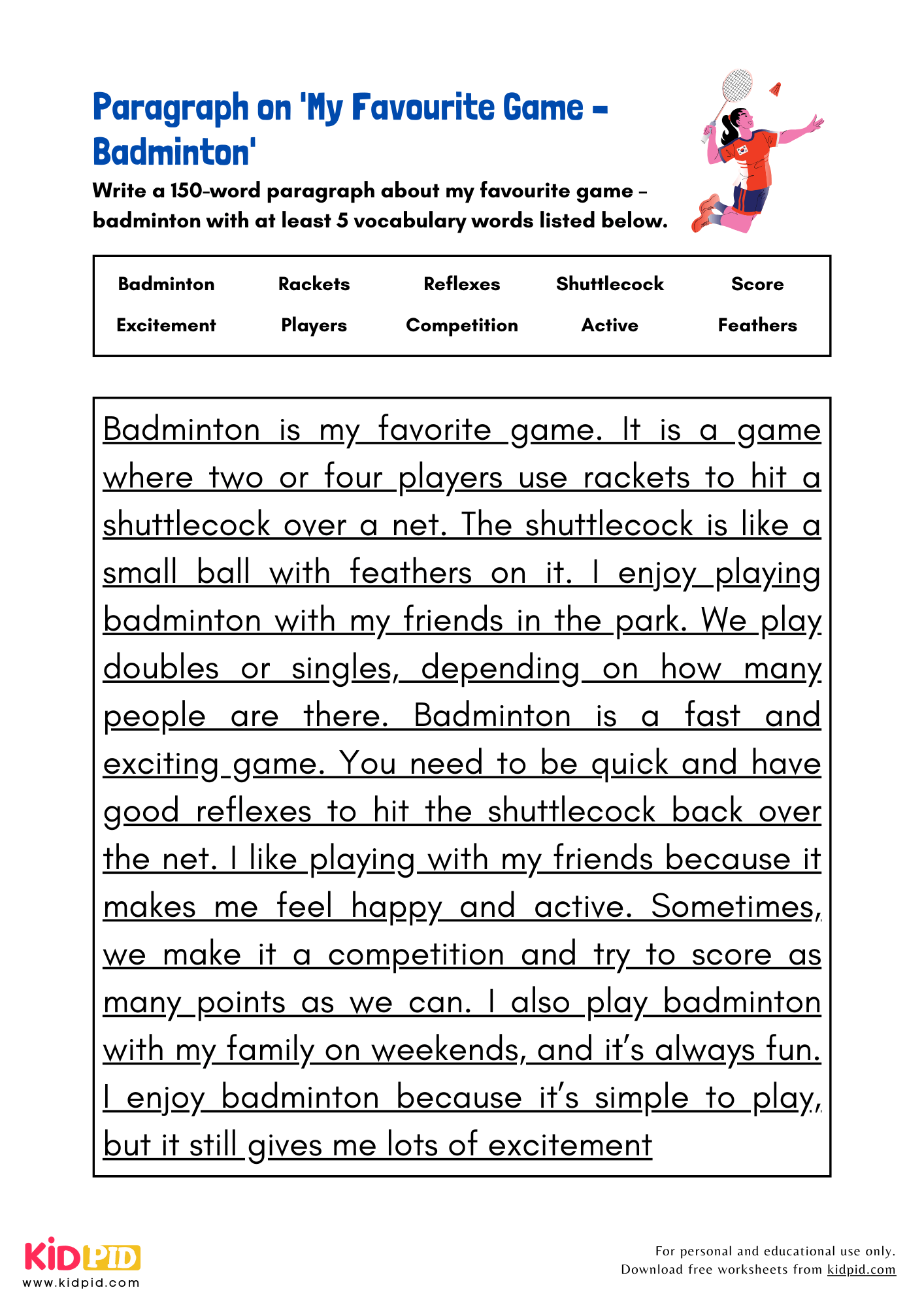 Paragraph on 'My Favourite Game–Badminton' - 150 Words