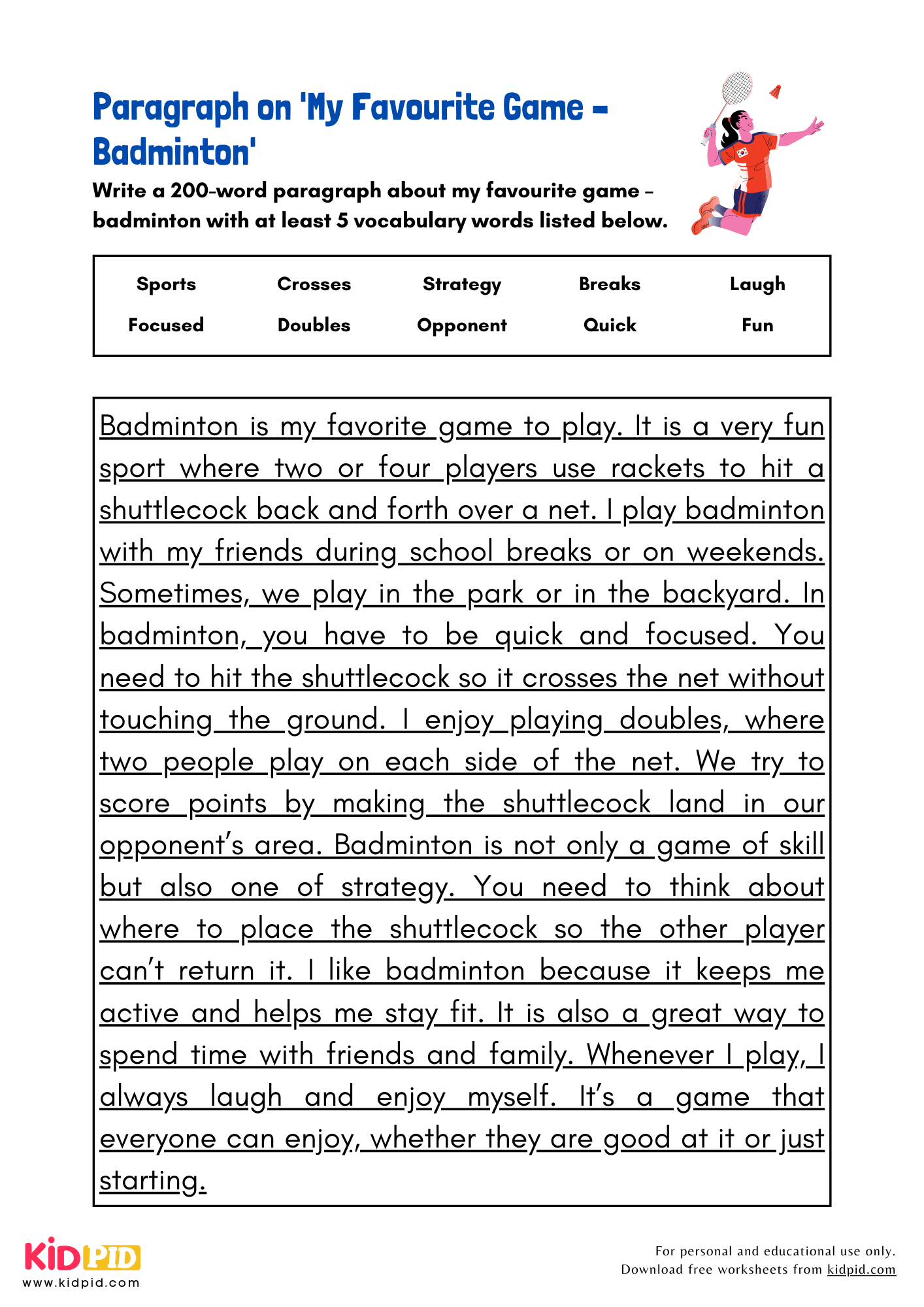 Paragraph on 'My Favourite Game–Badminton' - 200 Words