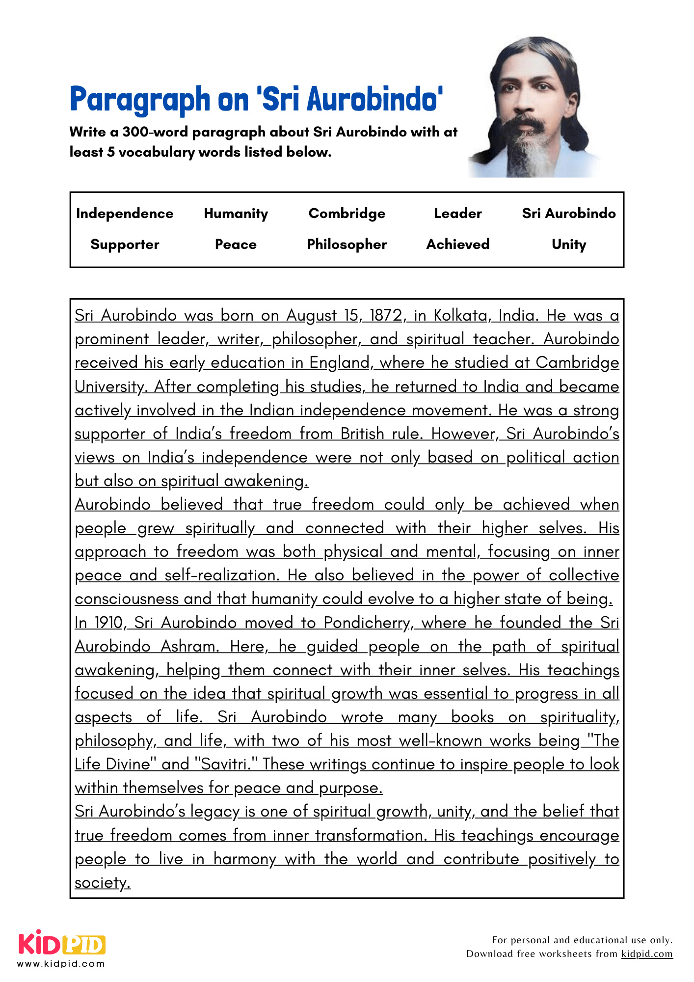 Paragraph on 'Sri Aurobindo' - 300 Words