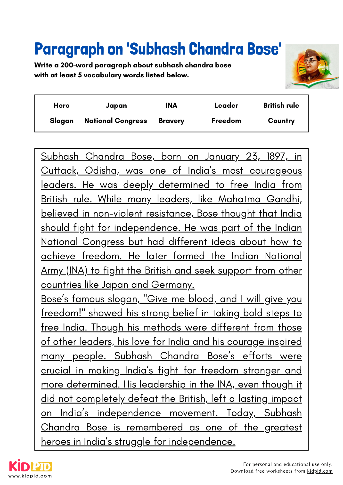 Paragraph on 'Subhash Chandra Bose' - 200 Words