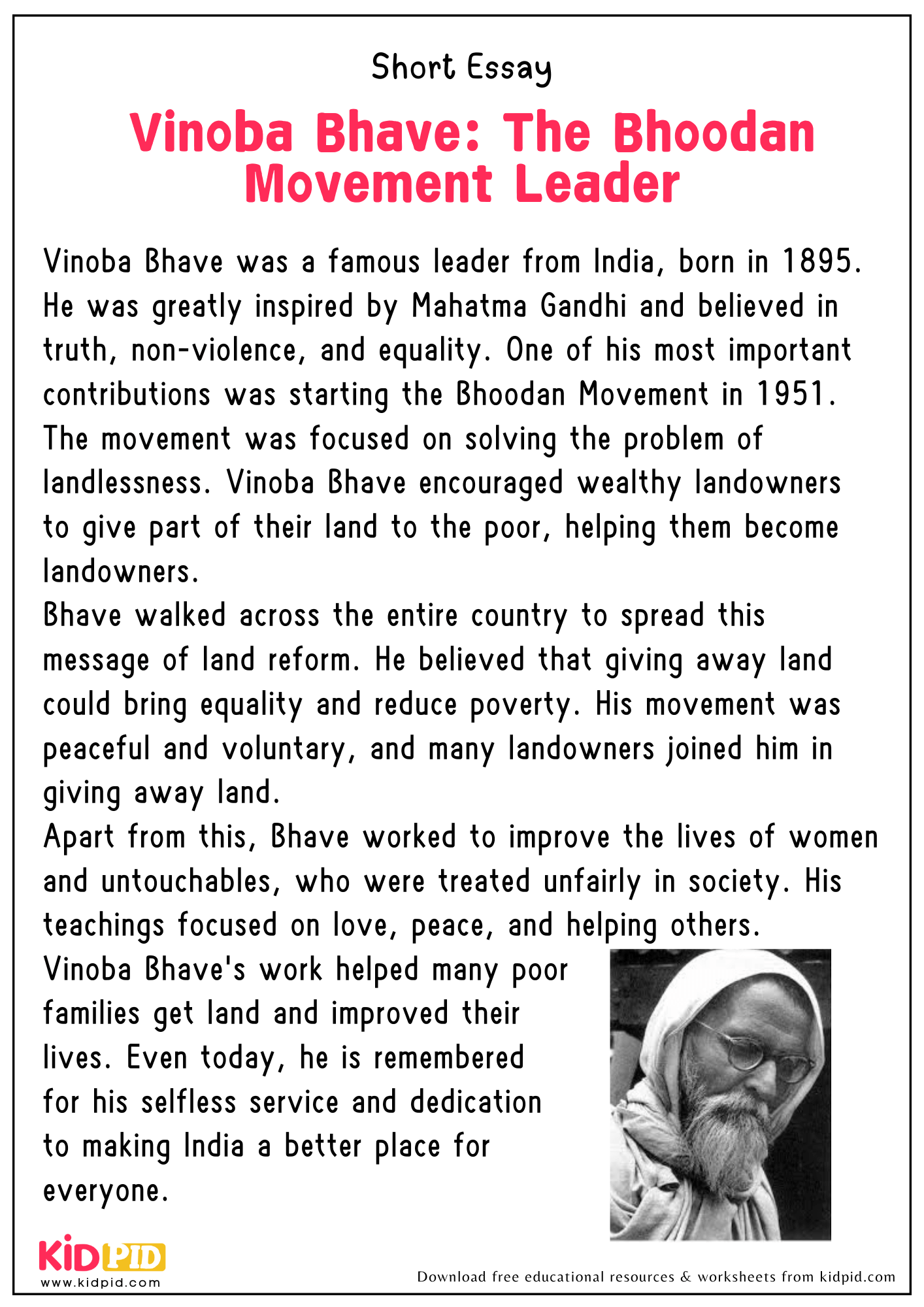 Short Essay on Vinoba Bhave: The Bhoodan Movement Leader