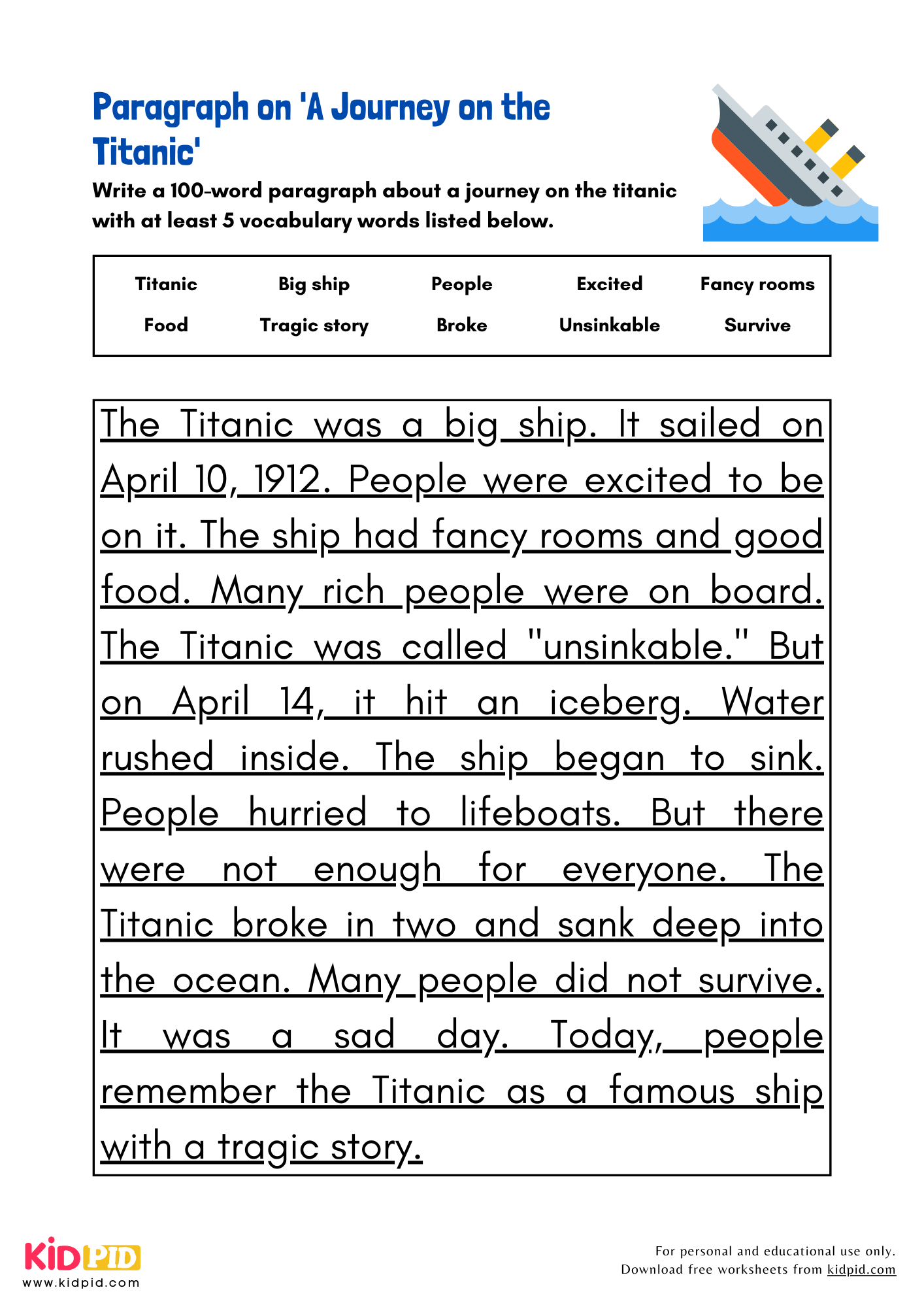 Paragraph on 'A Journey on the Titanic' - 100 Words