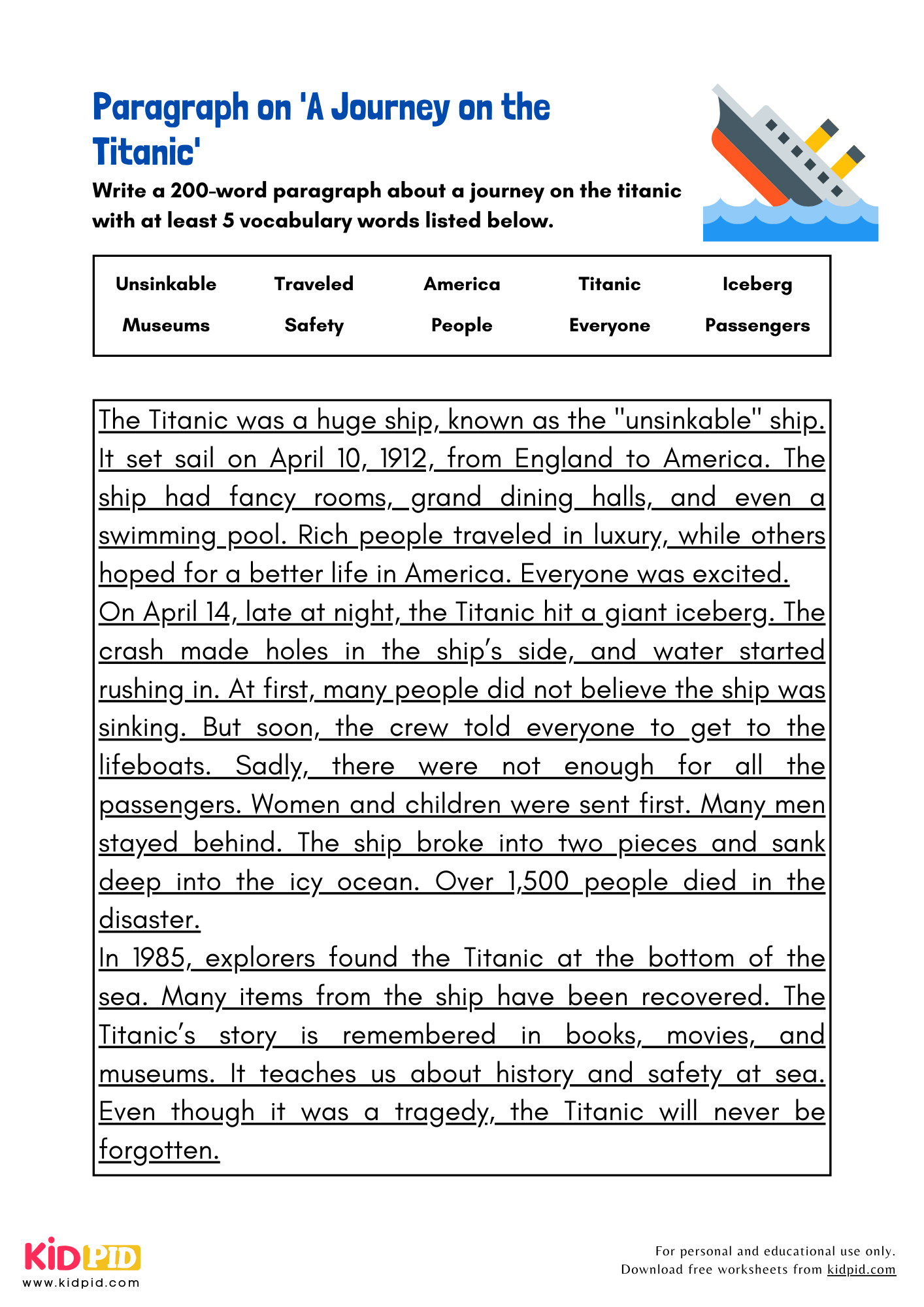 Paragraph on 'A Journey on the Titanic' - 200 Words