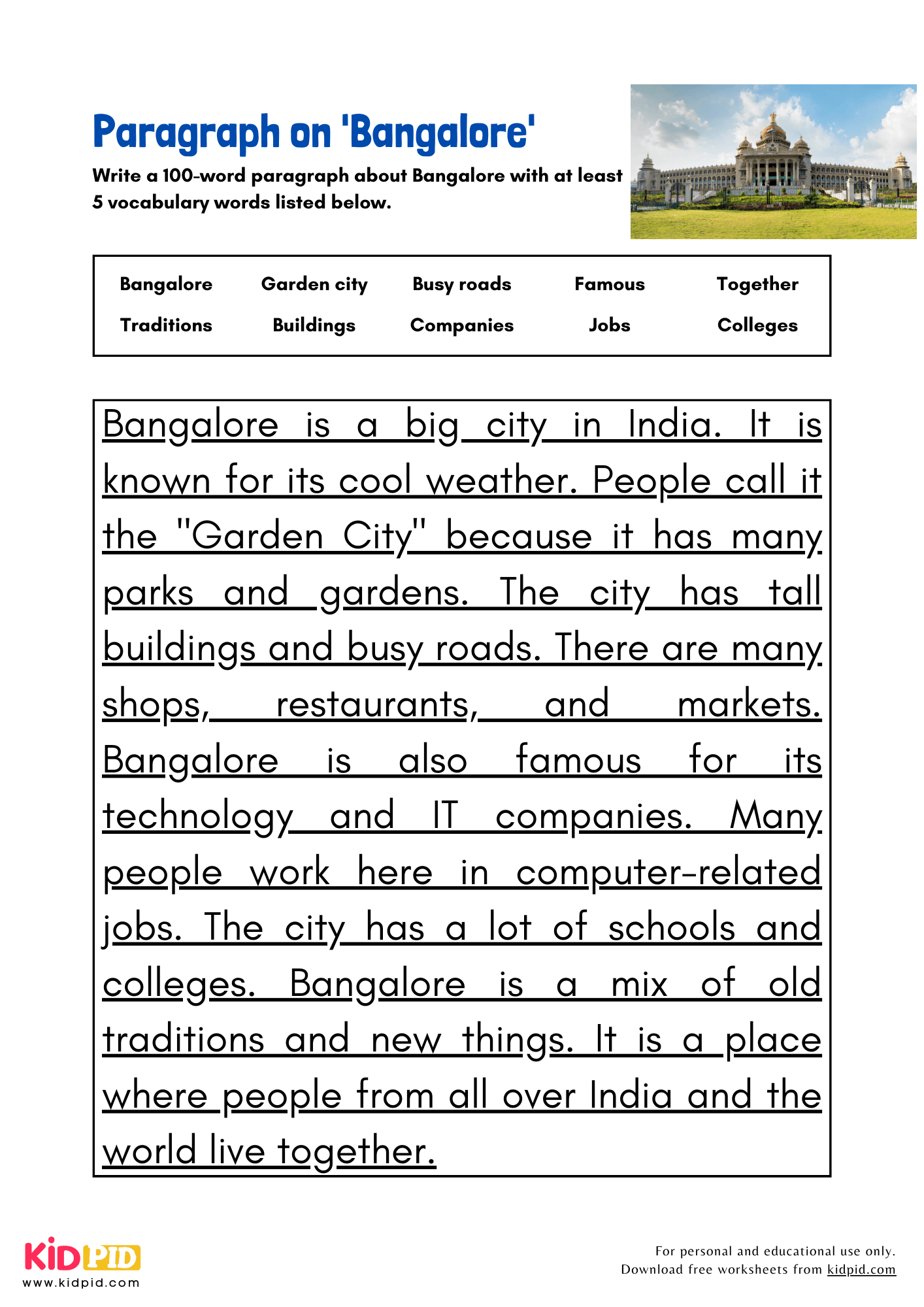 Paragraph on 'Bangalore' - 100 Words