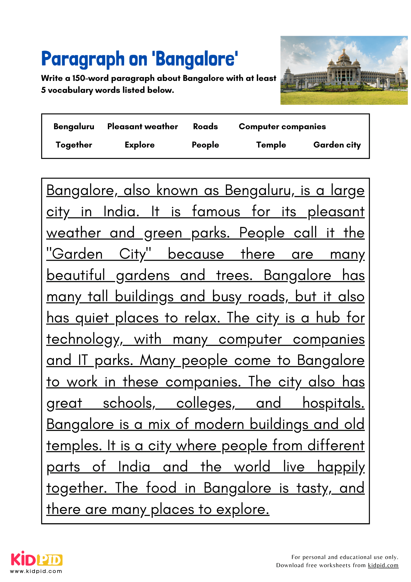 Paragraph on 'Bangalore' - 150 Words