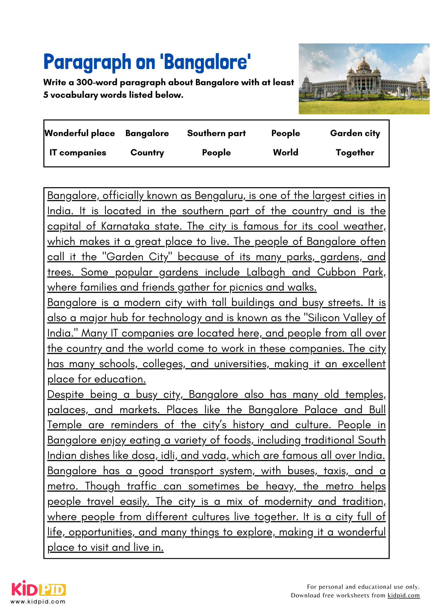 Paragraph on 'Bangalore' - 300 Words