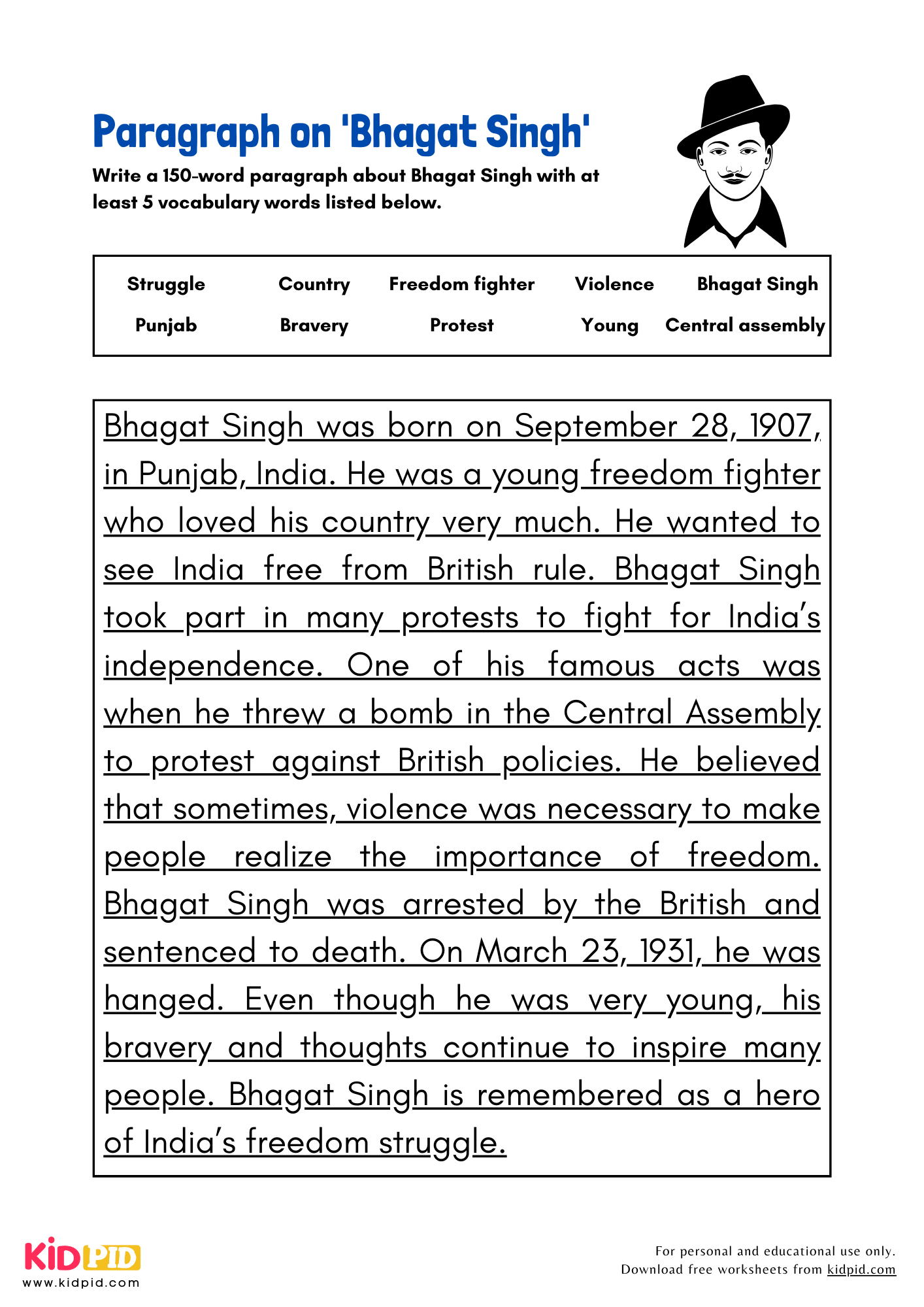 Paragraph on 'Bhagat Singh' - 150 Words 