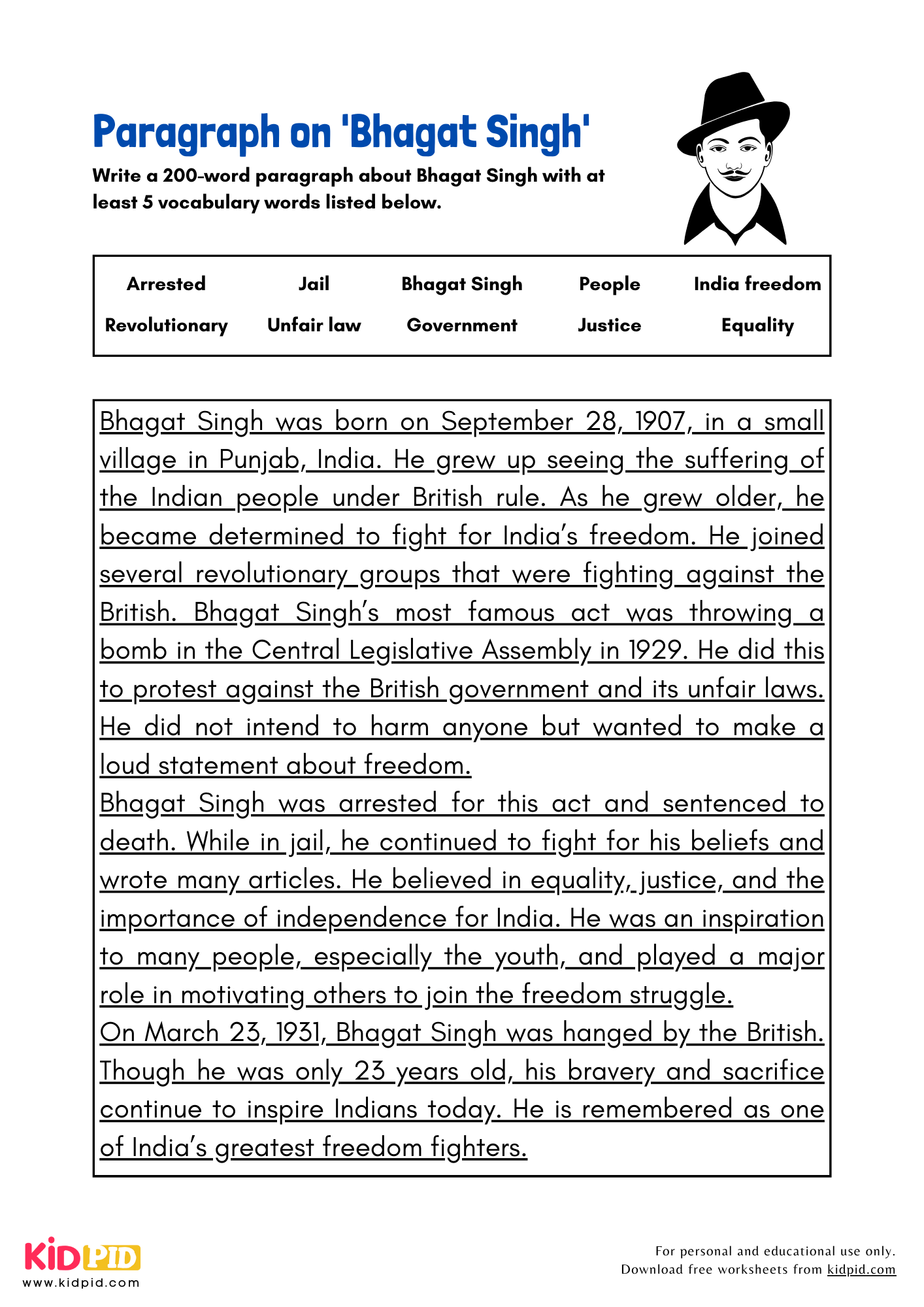 Paragraph on 'Bhagat Singh' - 200 Words