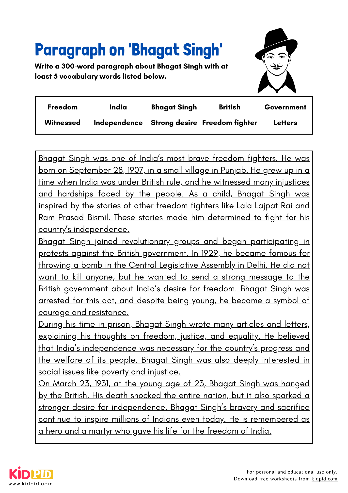 Paragraph on 'Bhagat Singh' - 300 Words