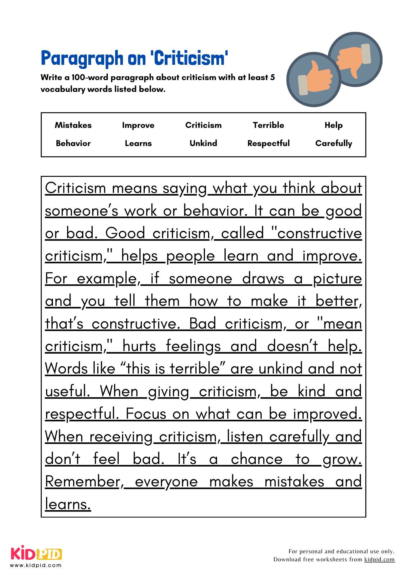 Paragraph on 'Criticism' - 100 Words