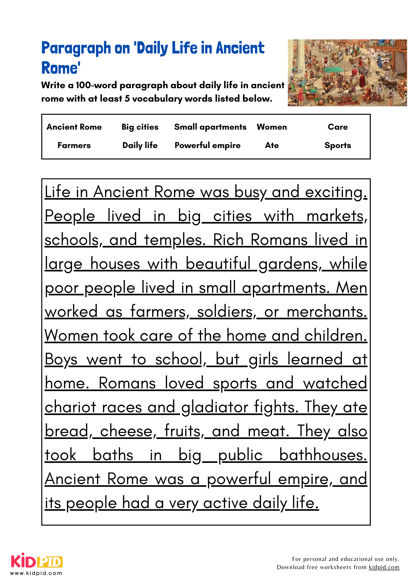 Paragraph on 'Daily Life in Ancient Rome' - 100 Words