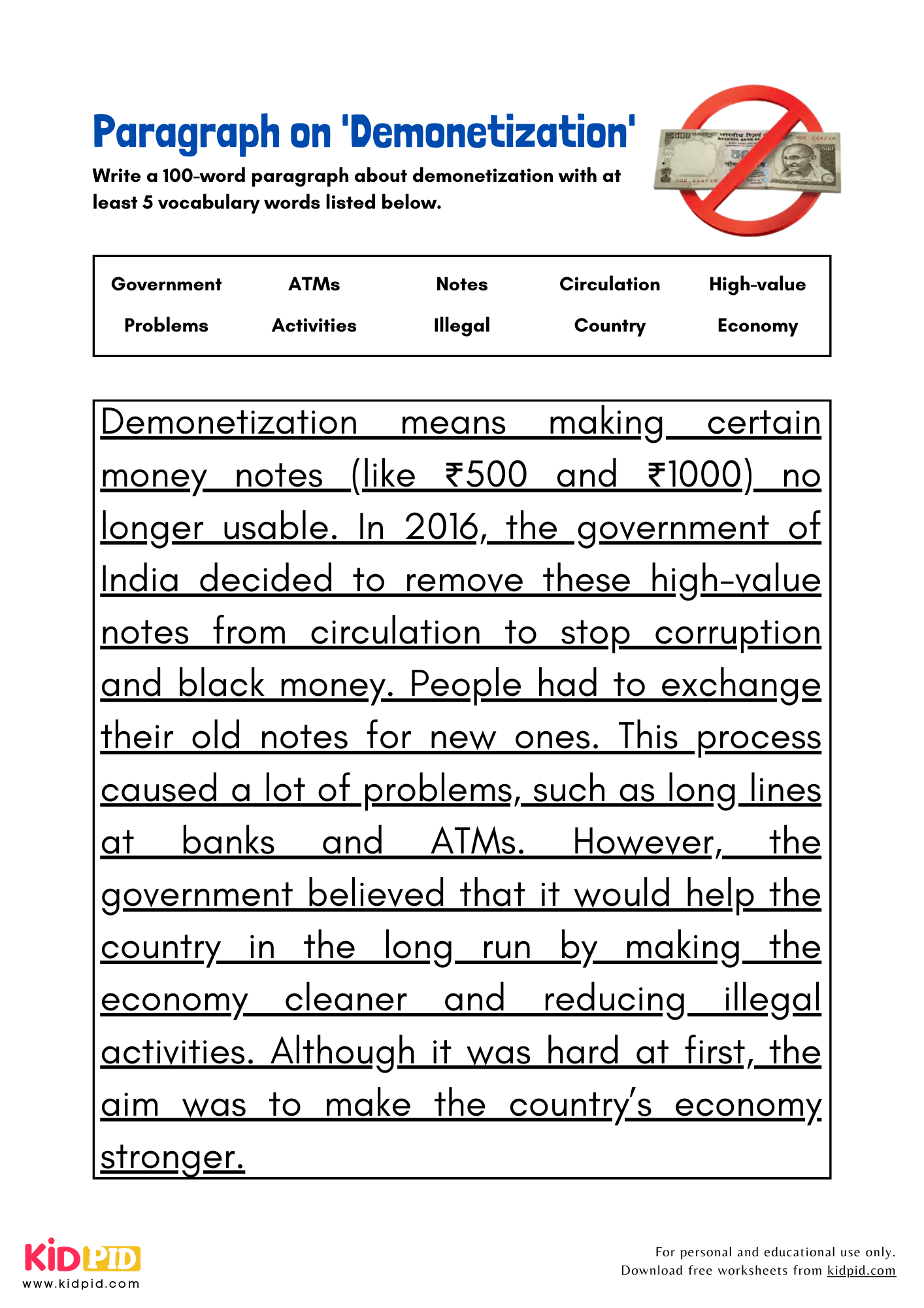 Paragraph on 'Demonetization' - 100 Words
