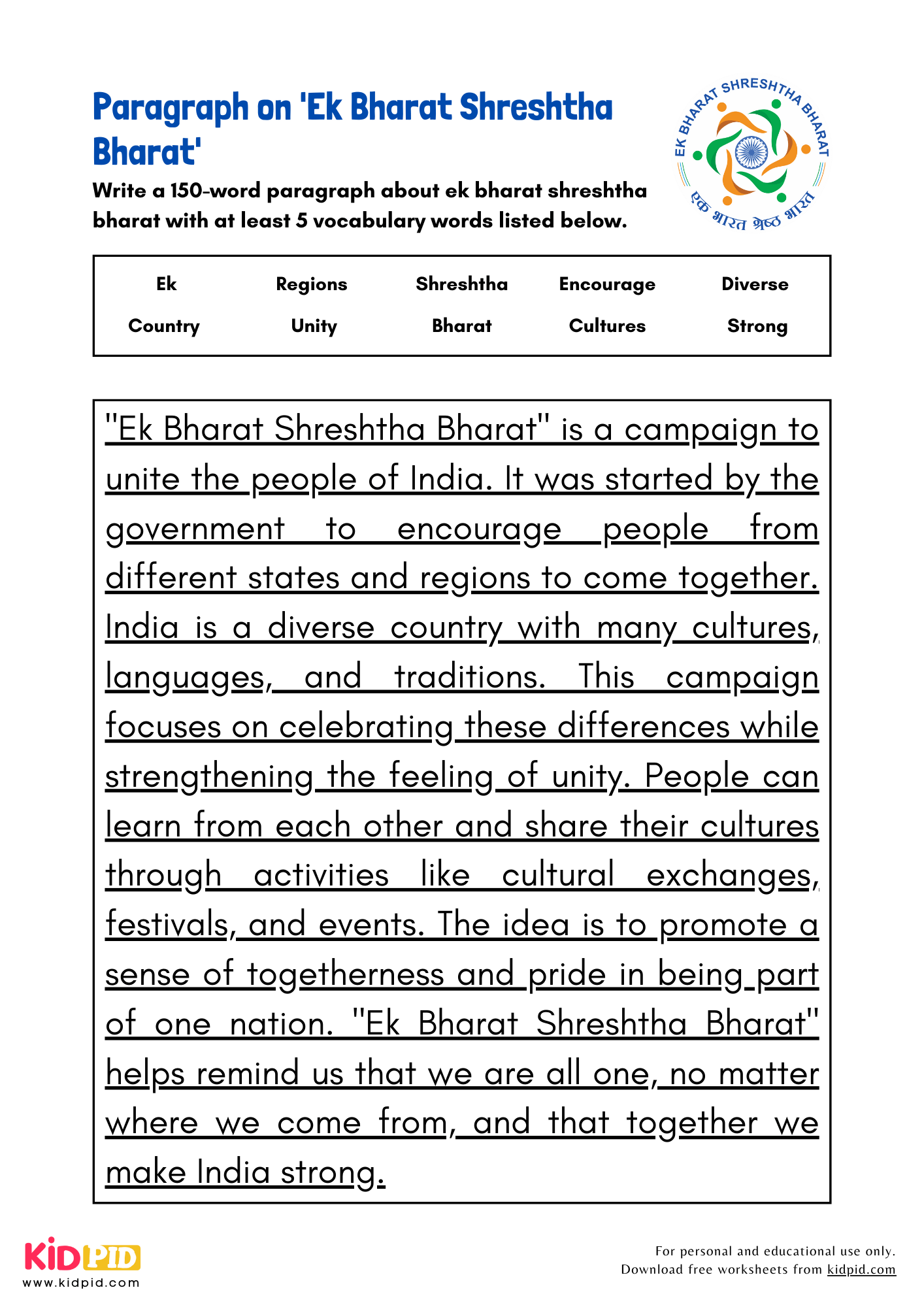 Paragraph on 'Ek Bharat Shreshtha Bharat' - 150 Words
