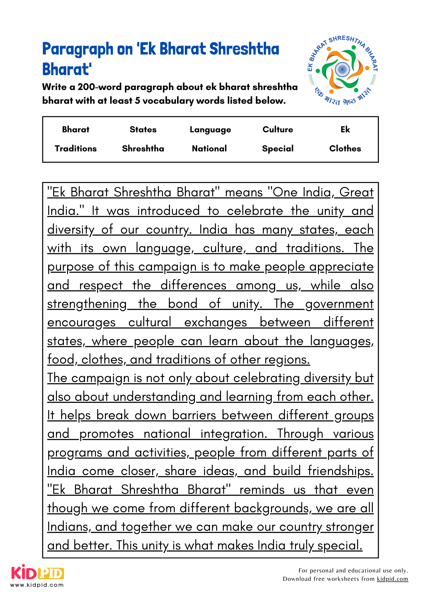 Paragraph on 'Ek Bharat Shreshtha Bharat' -200 Words