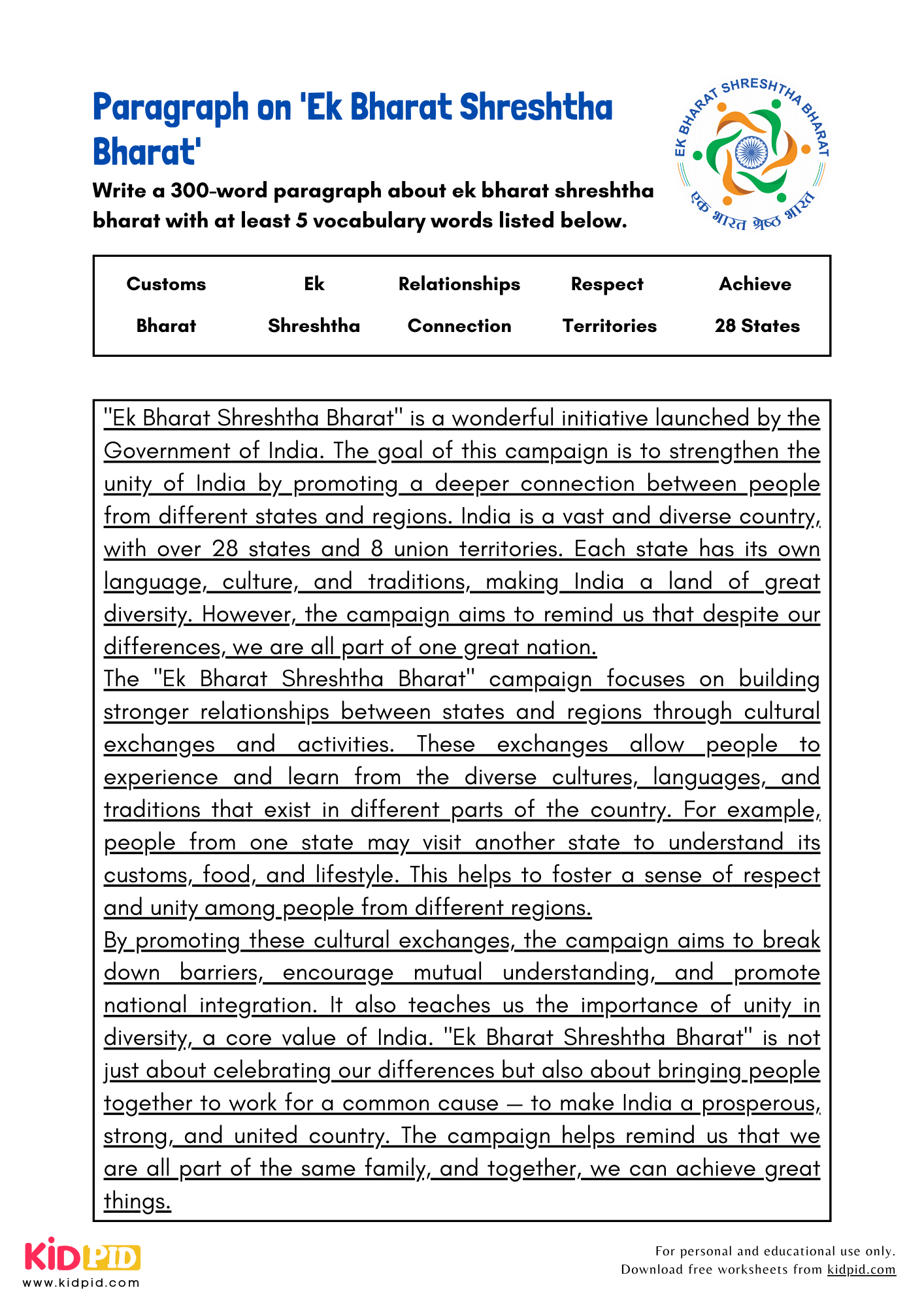 Paragraph on 'Ek Bharat Shreshtha Bharat' - 300 Words