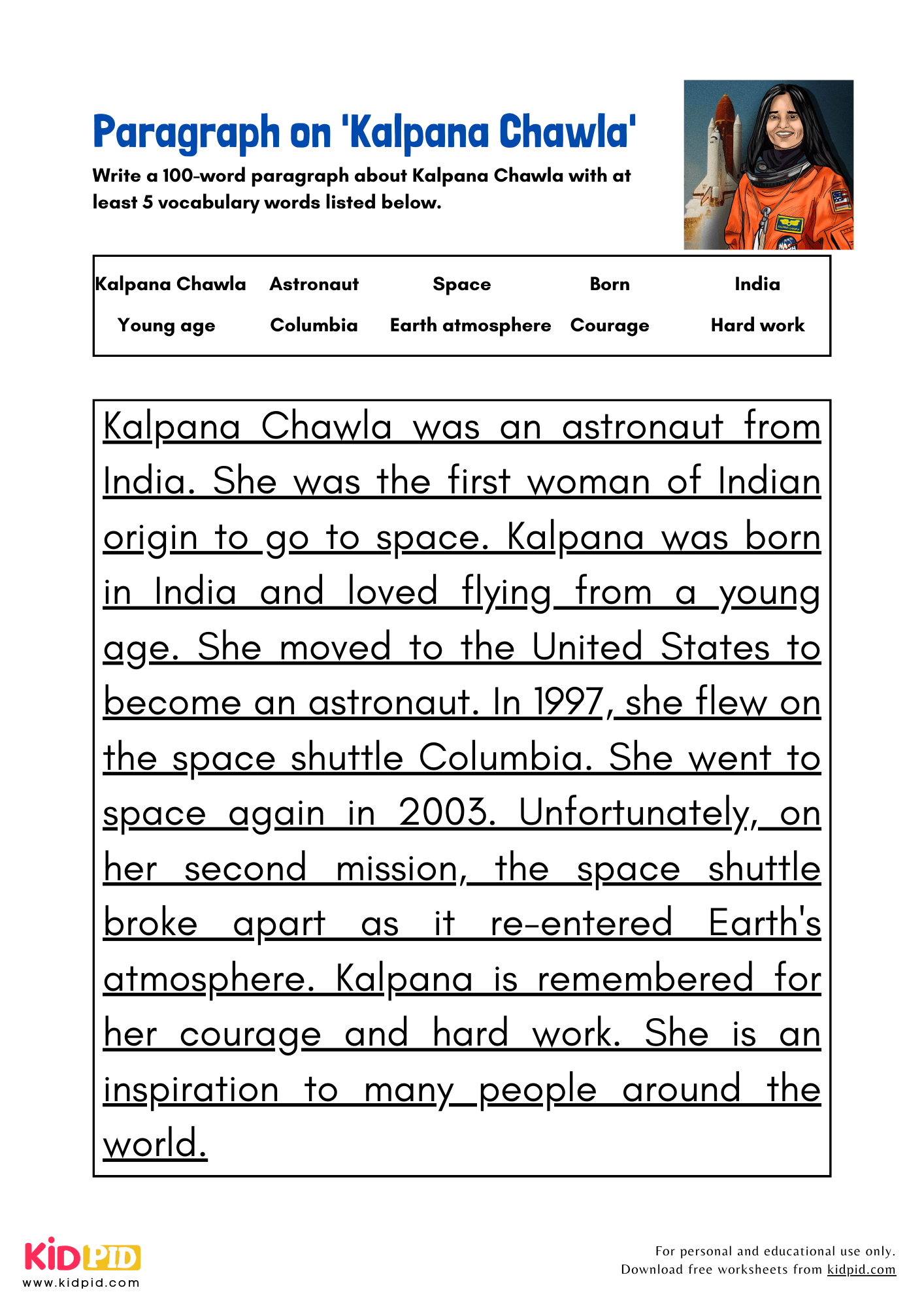 Paragraph on 'Kalpana Chawla' - 100 Words