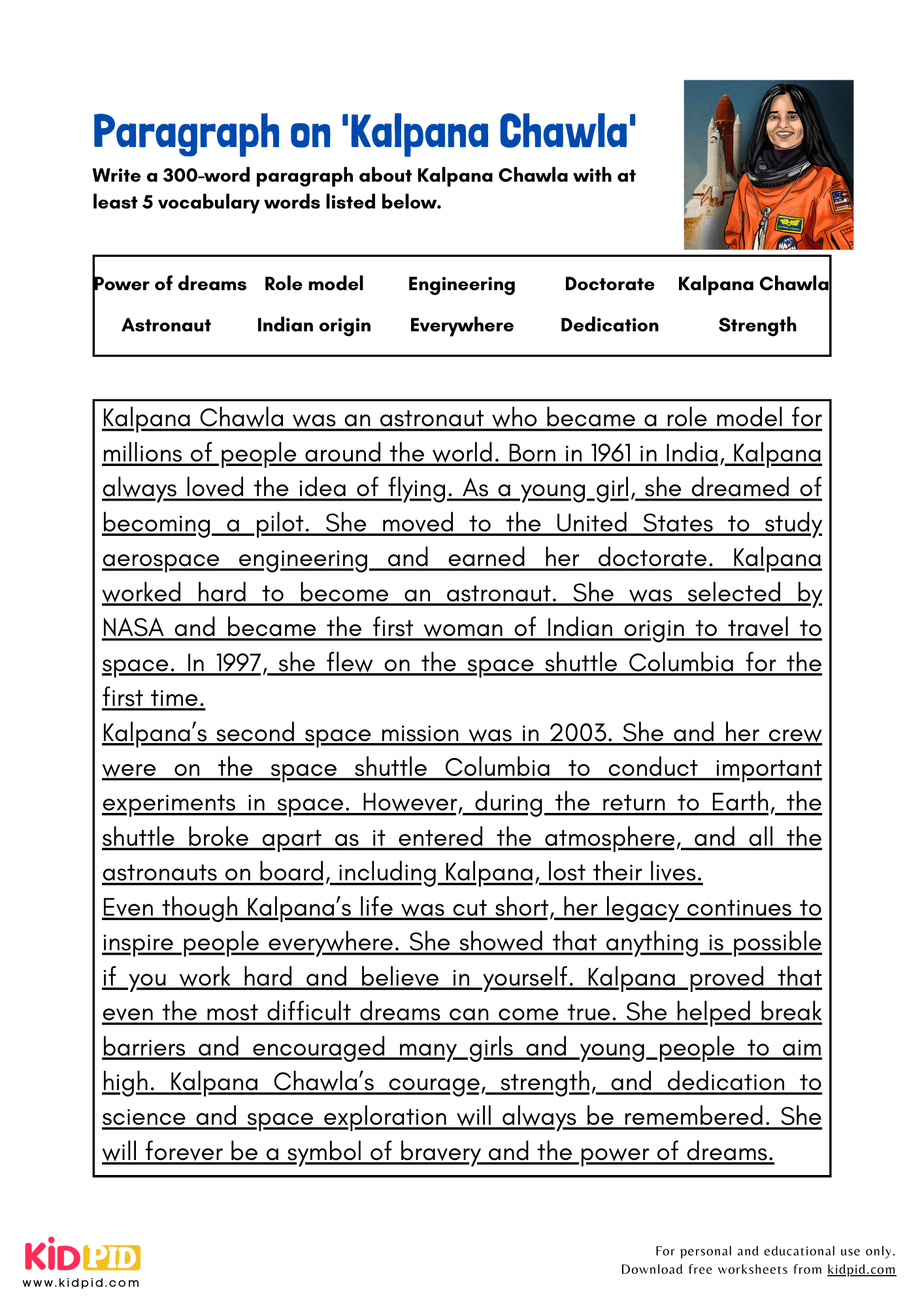 Paragraph on 'Kalpana Chawla' - 300 Words