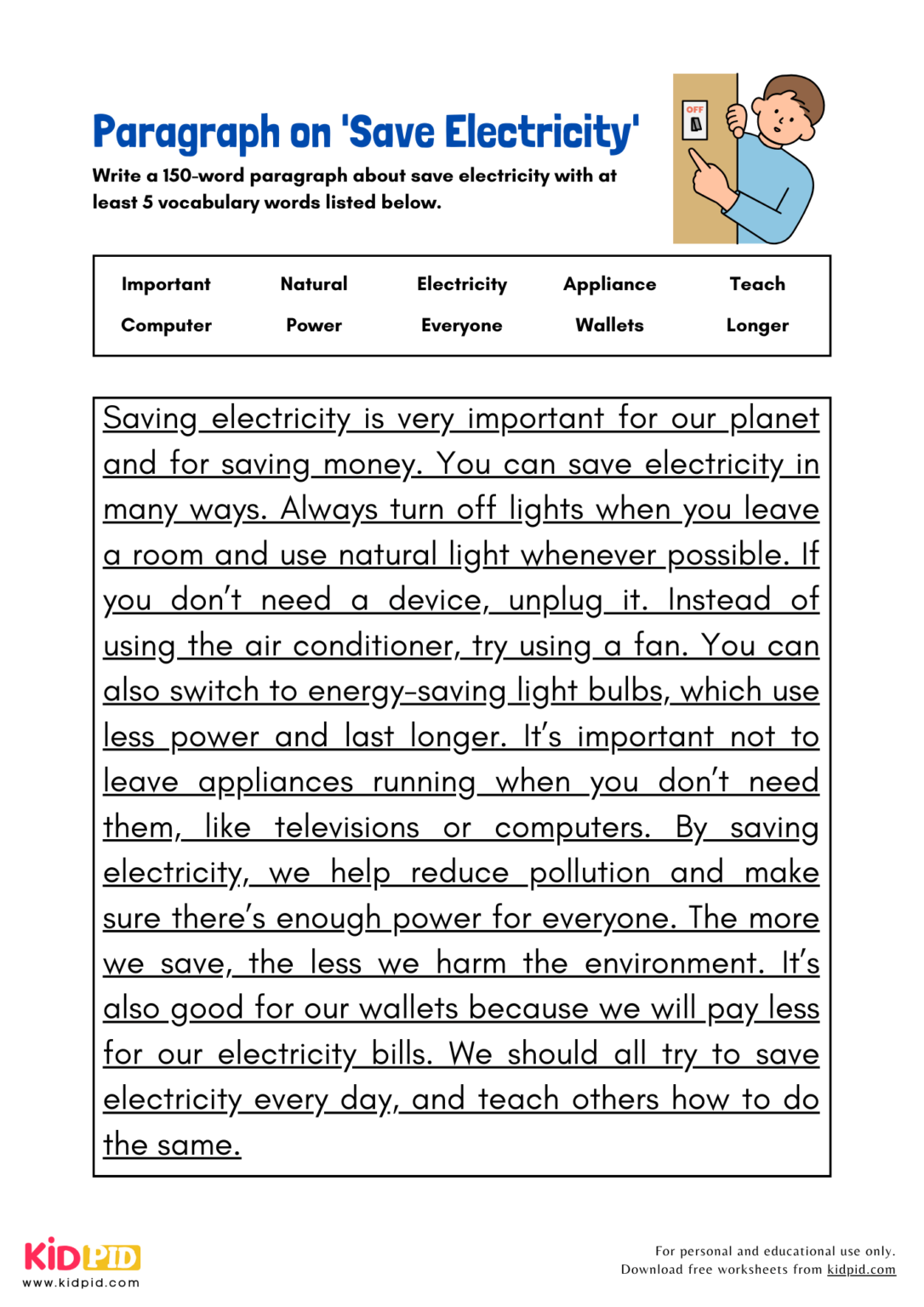 Paragraph On Save Electricity Kidpid