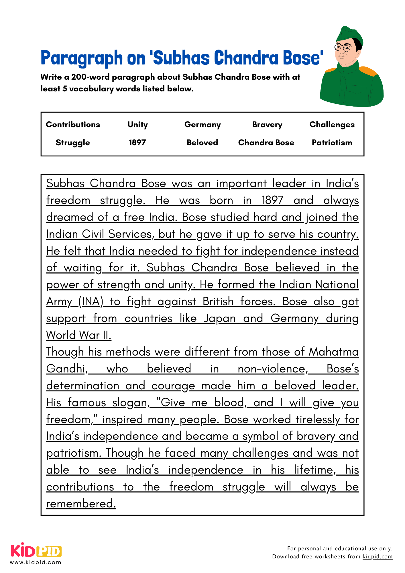 Paragraph on 'Subhas Chandra Bose' - 200 Words