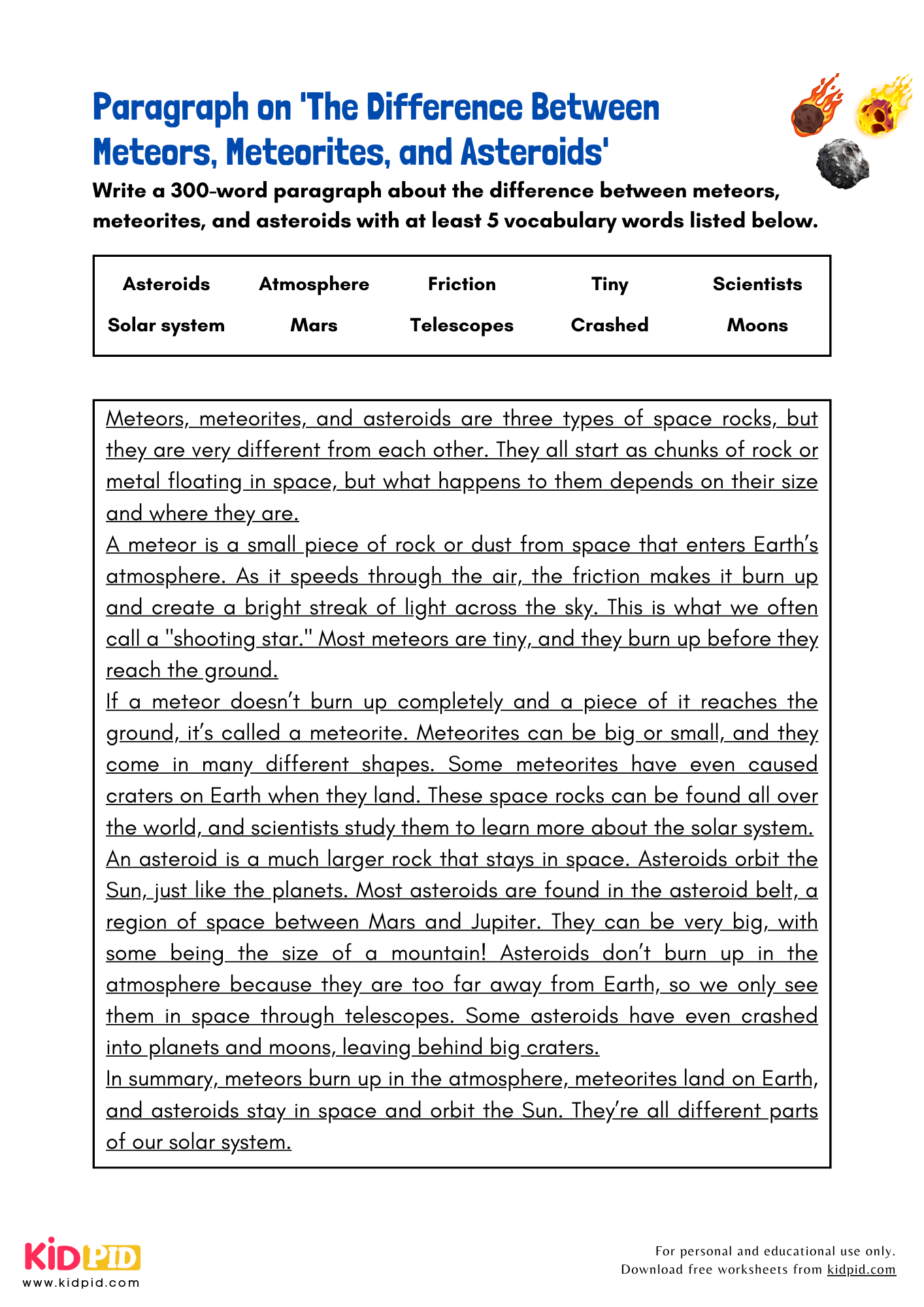 Paragraph on 'The Difference Between Meteors, Meteorites, and Asteroids' - 300 Words 