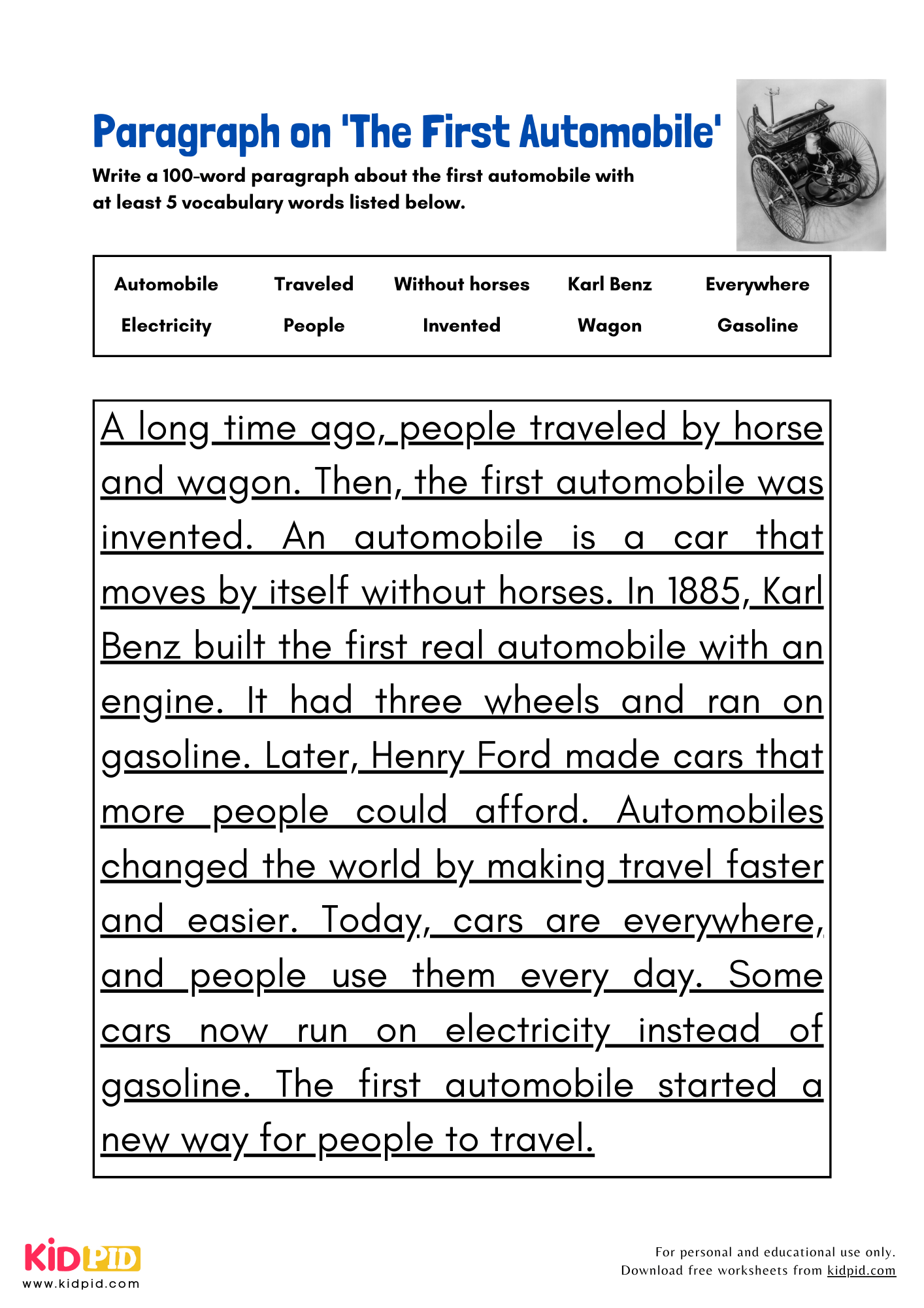 Paragraph on 'The First Automobile'- 100 Words
