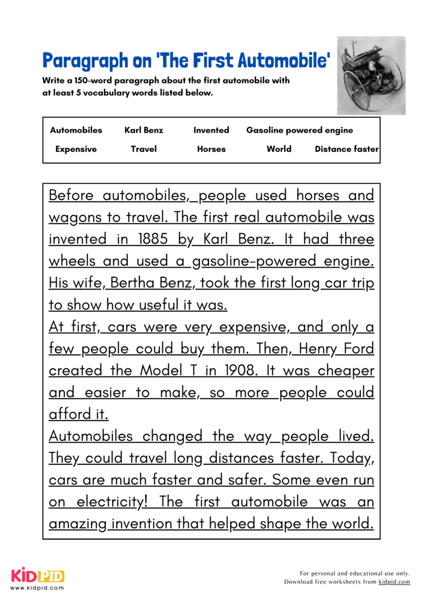 Paragraph on 'The First Automobile' - Kidpid