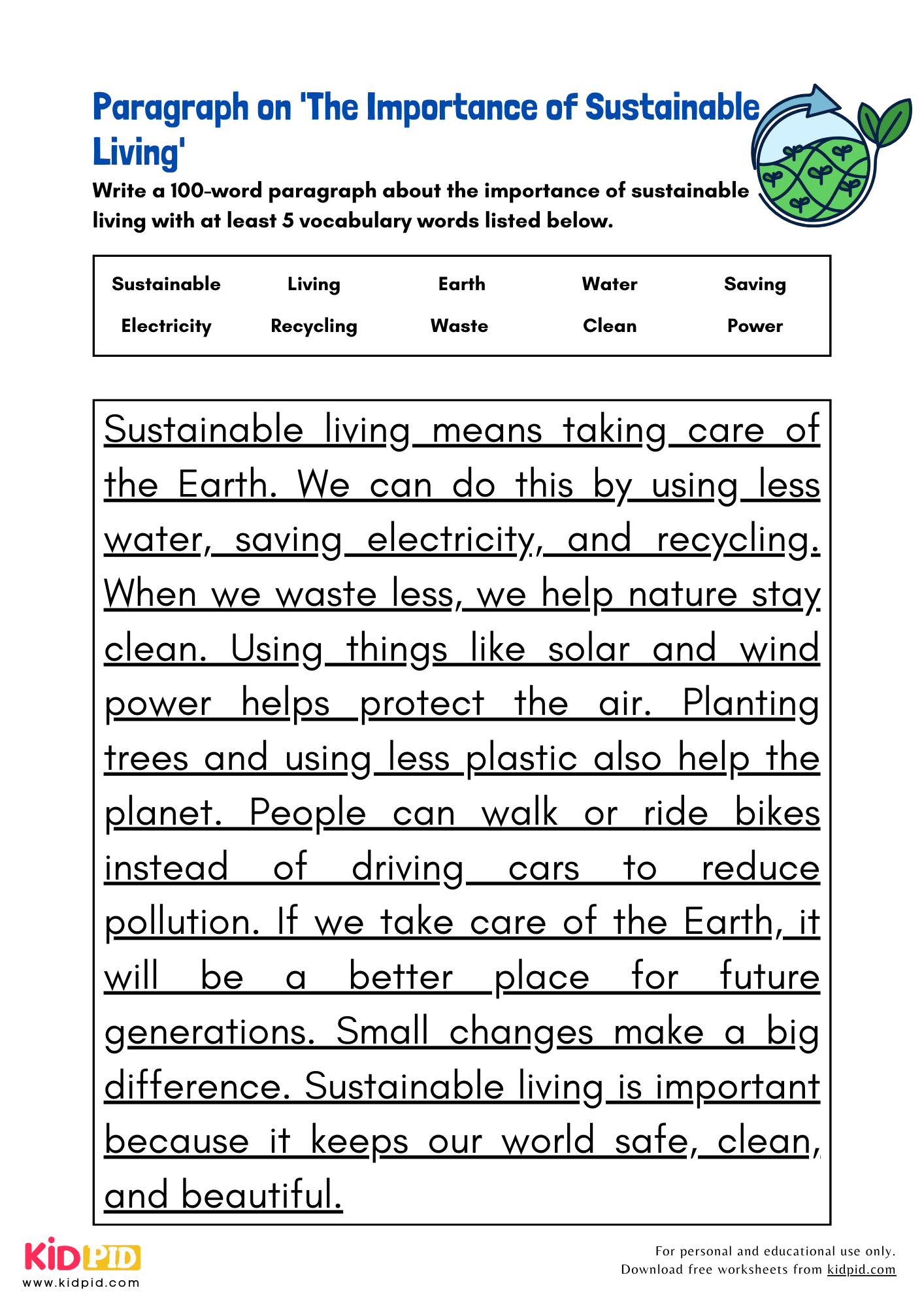 Paragraph on 'The Importance of Sustainable Living' - 100 Words