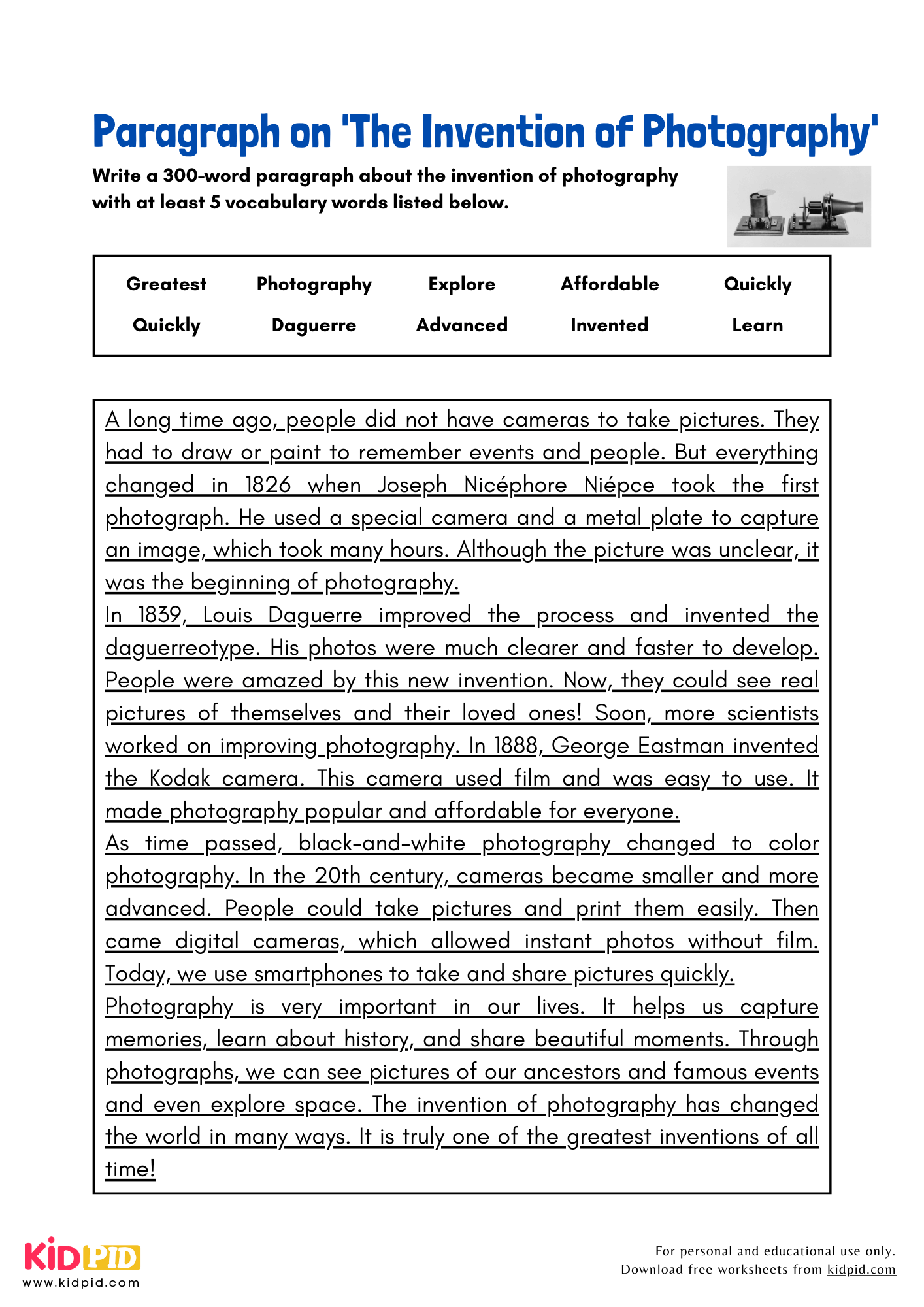 Paragraph on 'The Invention of Photography' - 300 Words