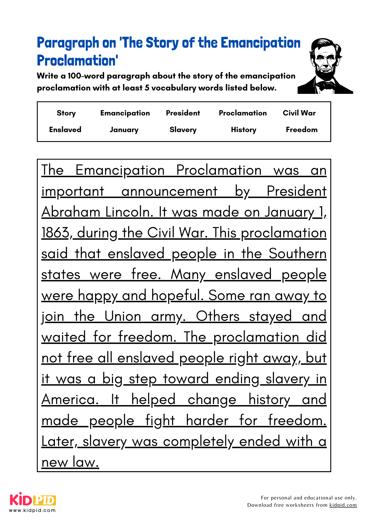Paragraph on 'The Story of the Emancipation Proclamation' - Kidpid