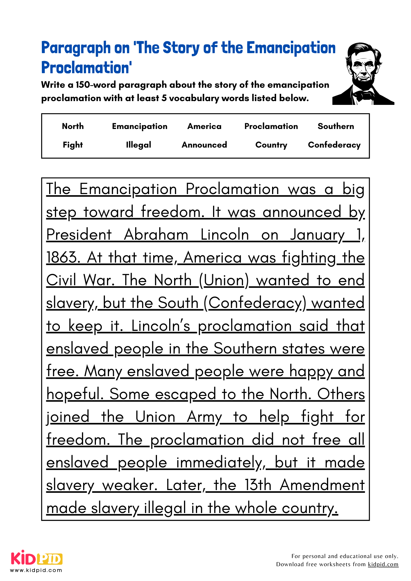 Paragraph on 'The Story of the Emancipation Proclamation' -150 Words