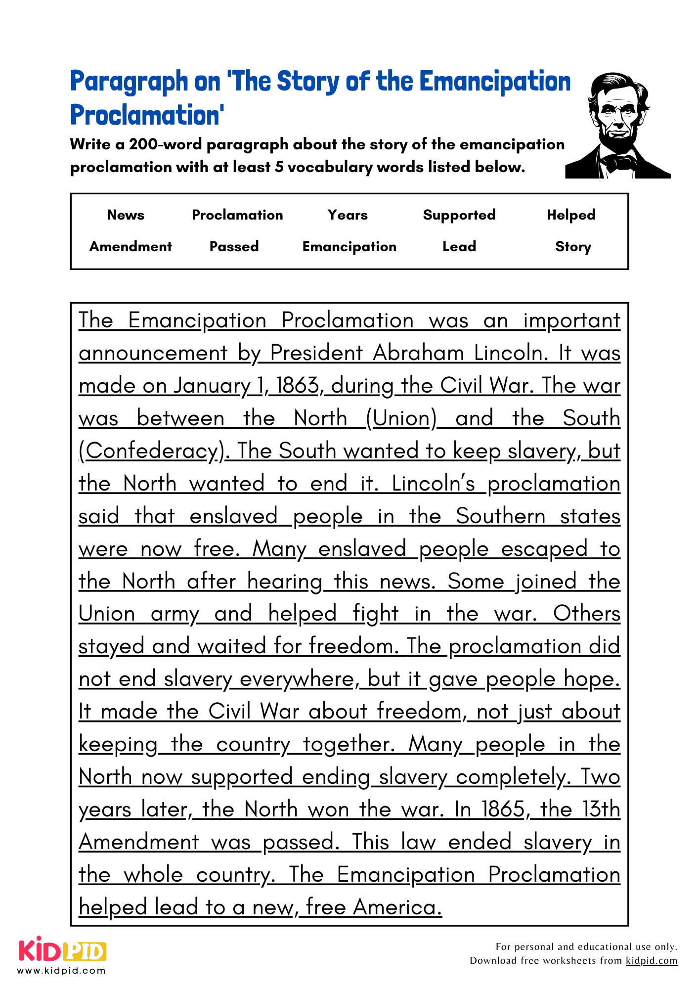 Paragraph on 'The Story of the Emancipation Proclamation' - 200 Words