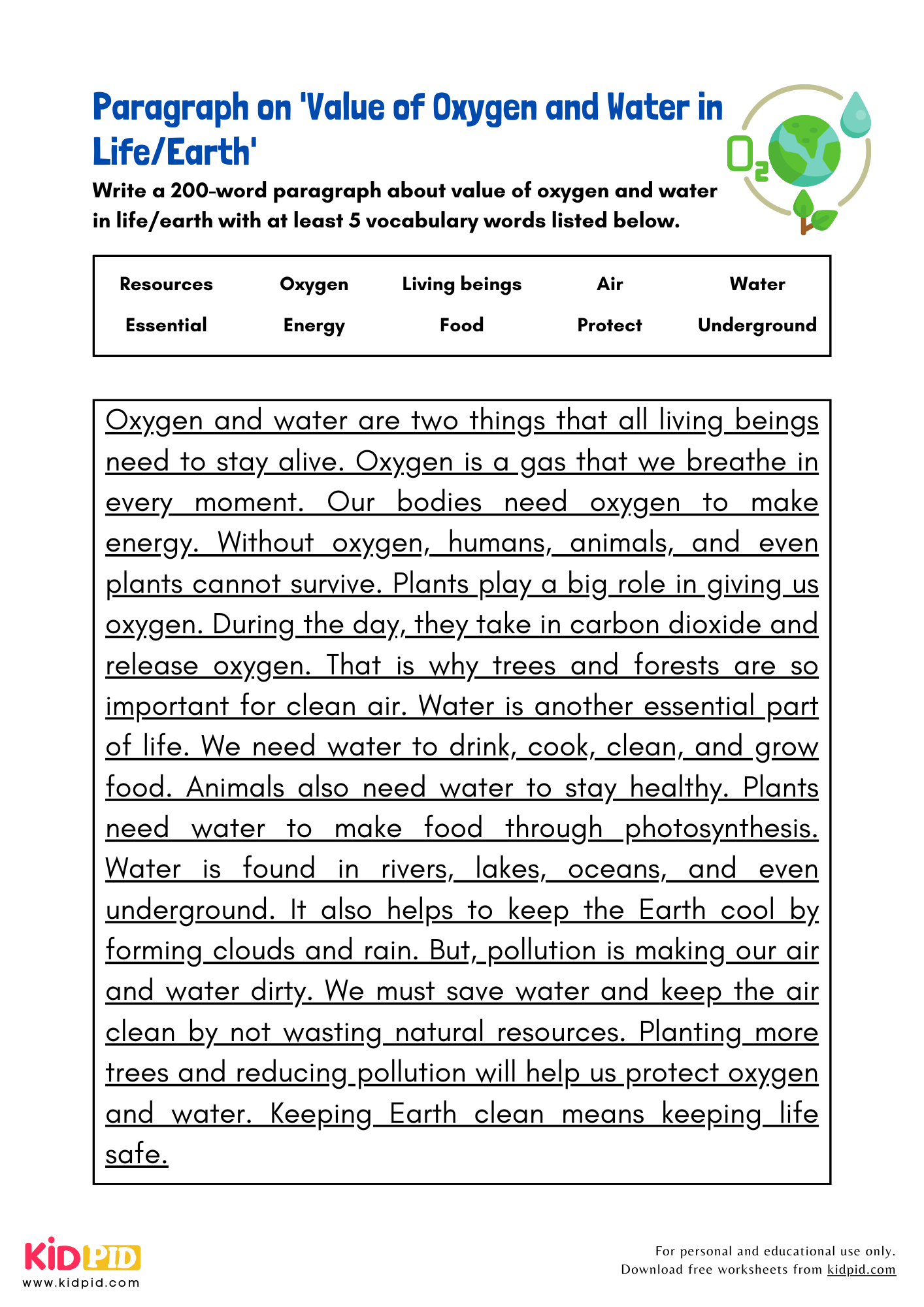Paragraph on 'Value of Oxygen and Water in Life/Earth' - 200 Words