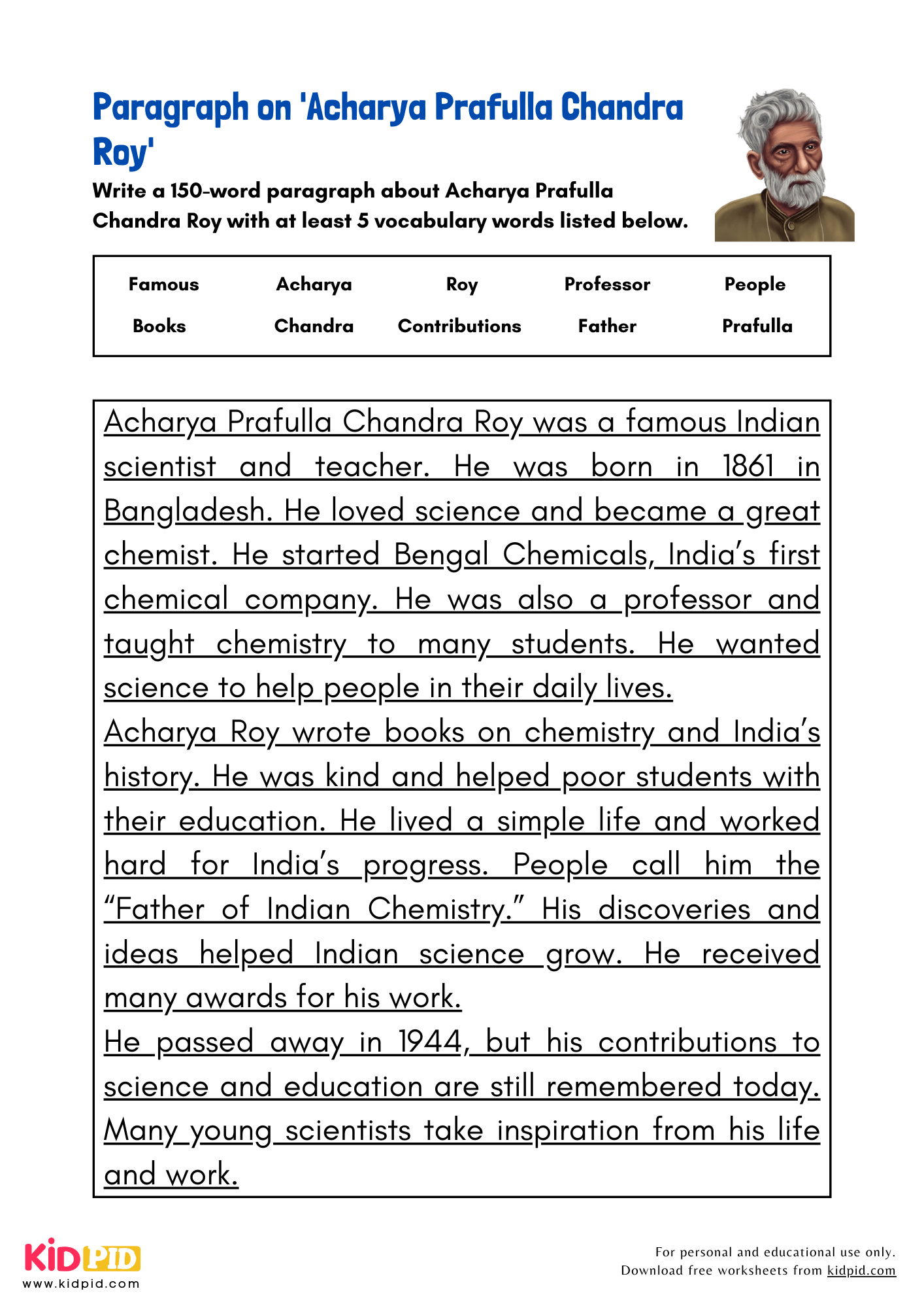 Paragraph on 'Acharya Prafulla Chandra Roy' - 150 Words