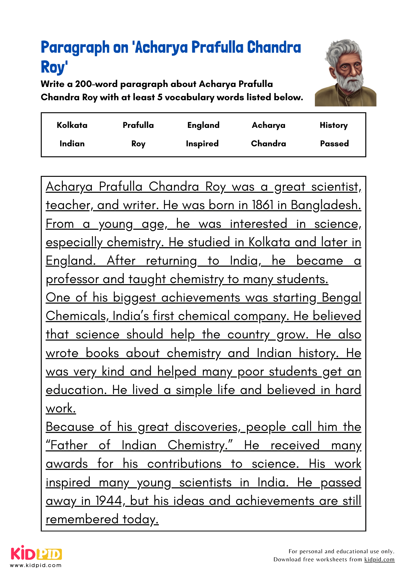 Paragraph on 'Acharya Prafulla Chandra Roy' - 200 Words